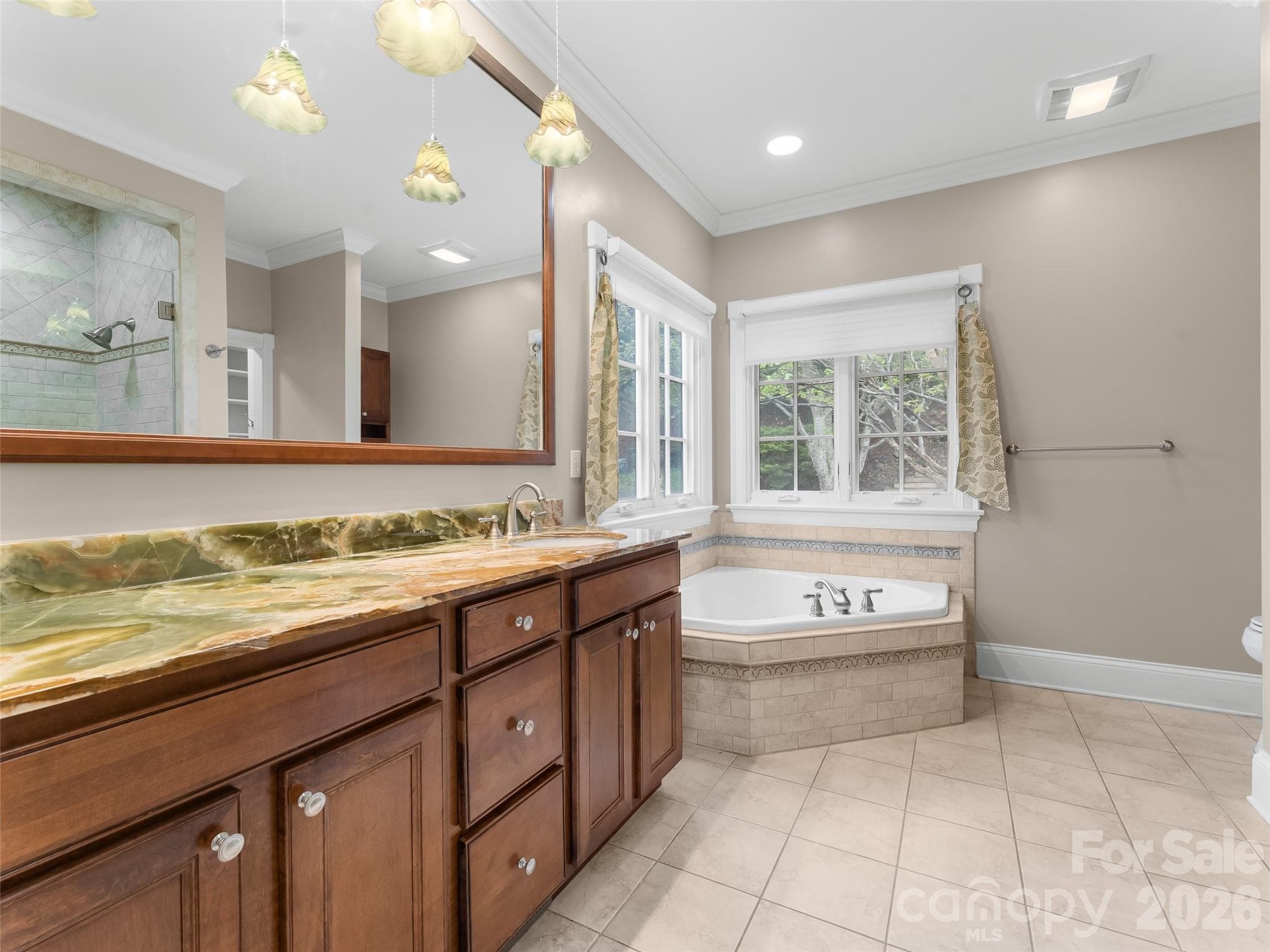 The primary en-suite bathroom features onyx countertops - large enough for double sinks if you'd like to add another. - 5 Stegall Lane, Asheville