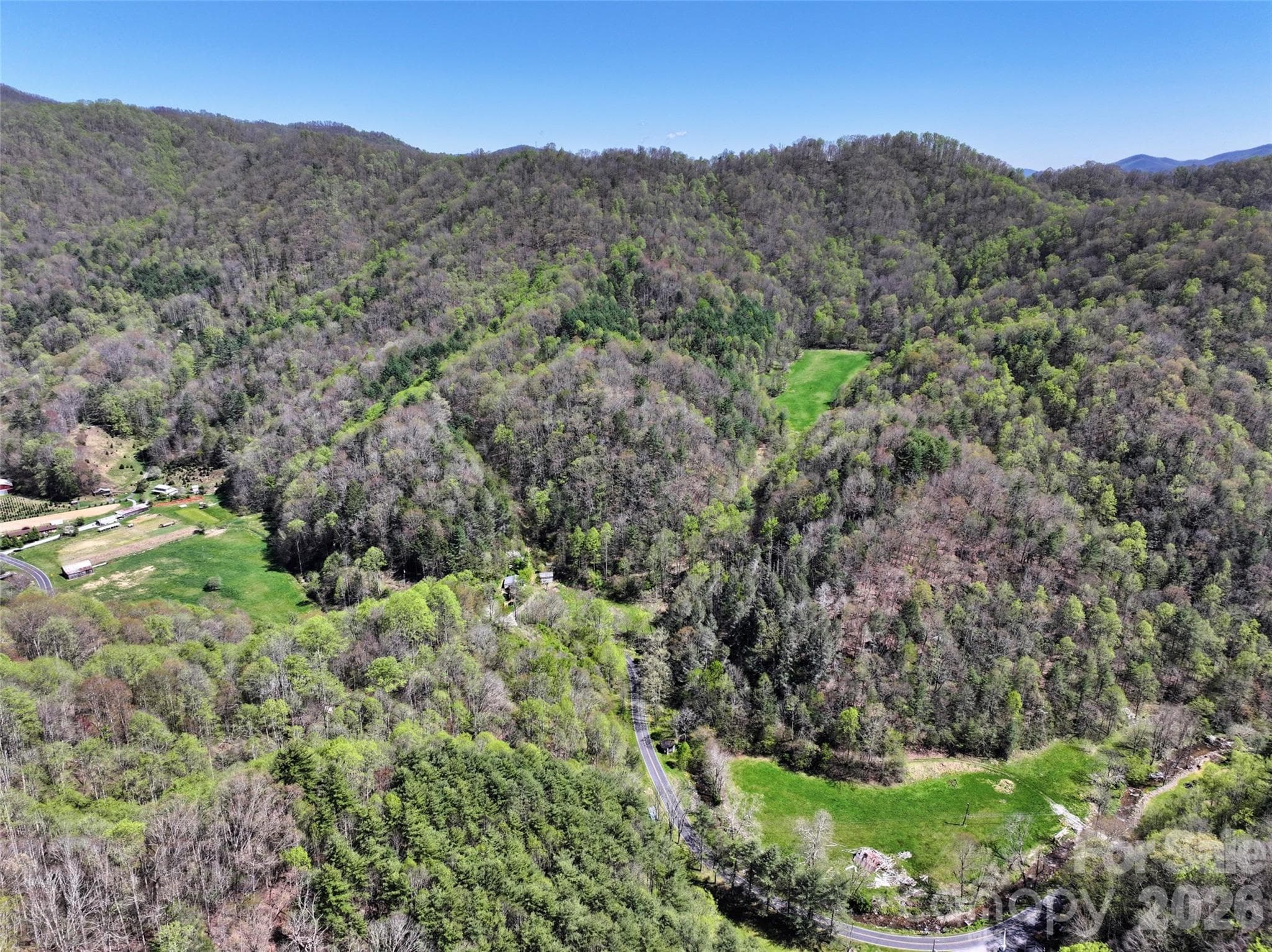 Aerial of two lower pastures and the upper hidden meadow - Green Mountain