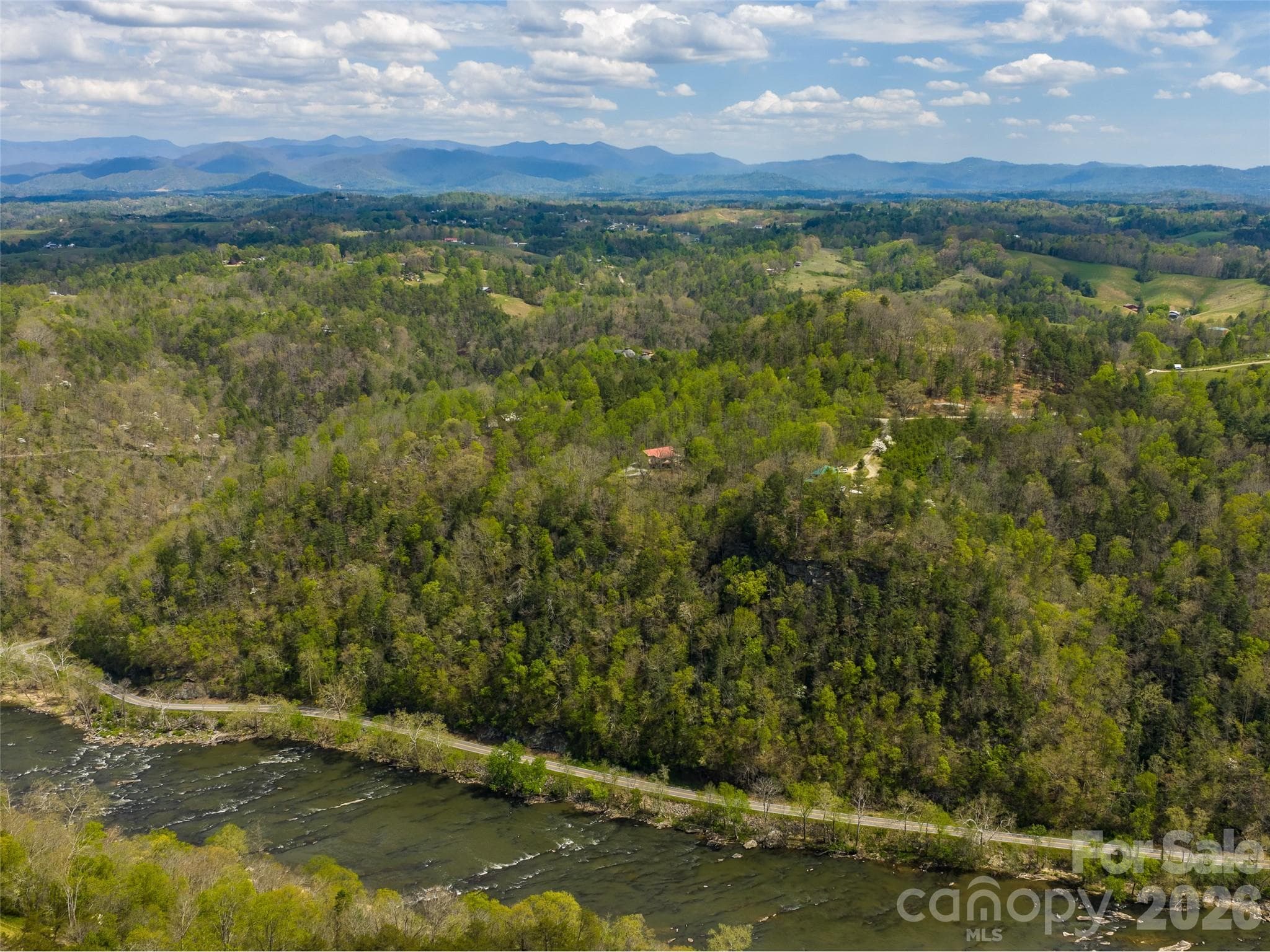 aerial of river down below - Marshall