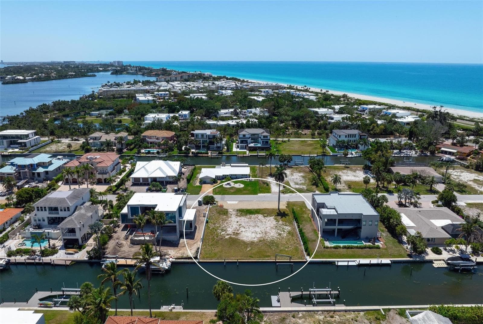 Drone view of vacant lot looking directly south towards St. Armand's Circle. - 581 ROUNTREE DR, LONGBOAT KEY