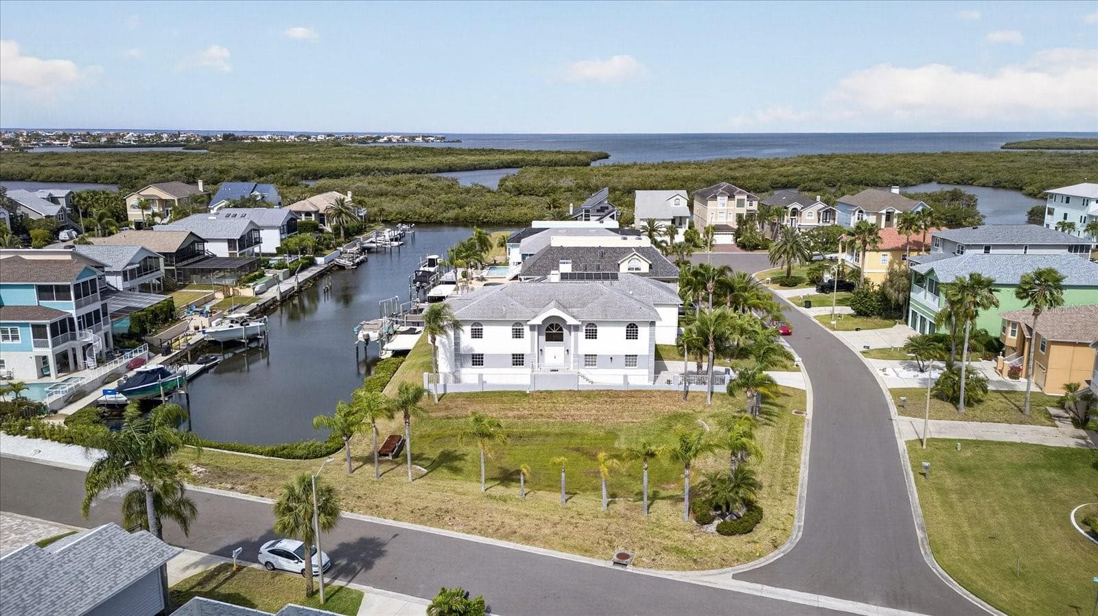 Aerial of front of home and Gulf in the distance - 4340 SEAGULL DR, NEW PORT RICHEY