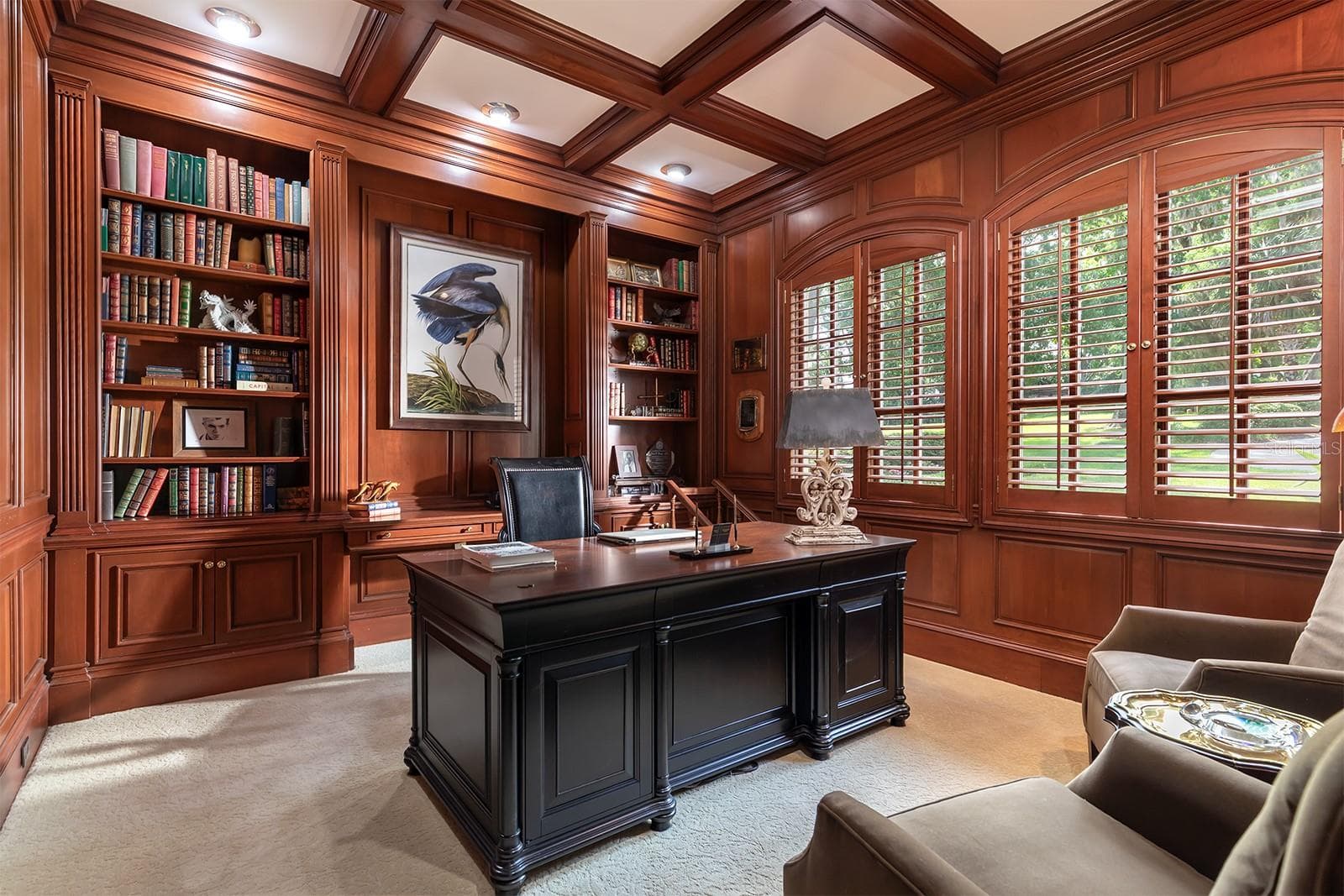 Library/ office with solid CHERRY WOOD lined walls, shutters & coffered ceiling can be used for the 5th bedroom. - 1351 N CLASSIC CT, LONGWOOD