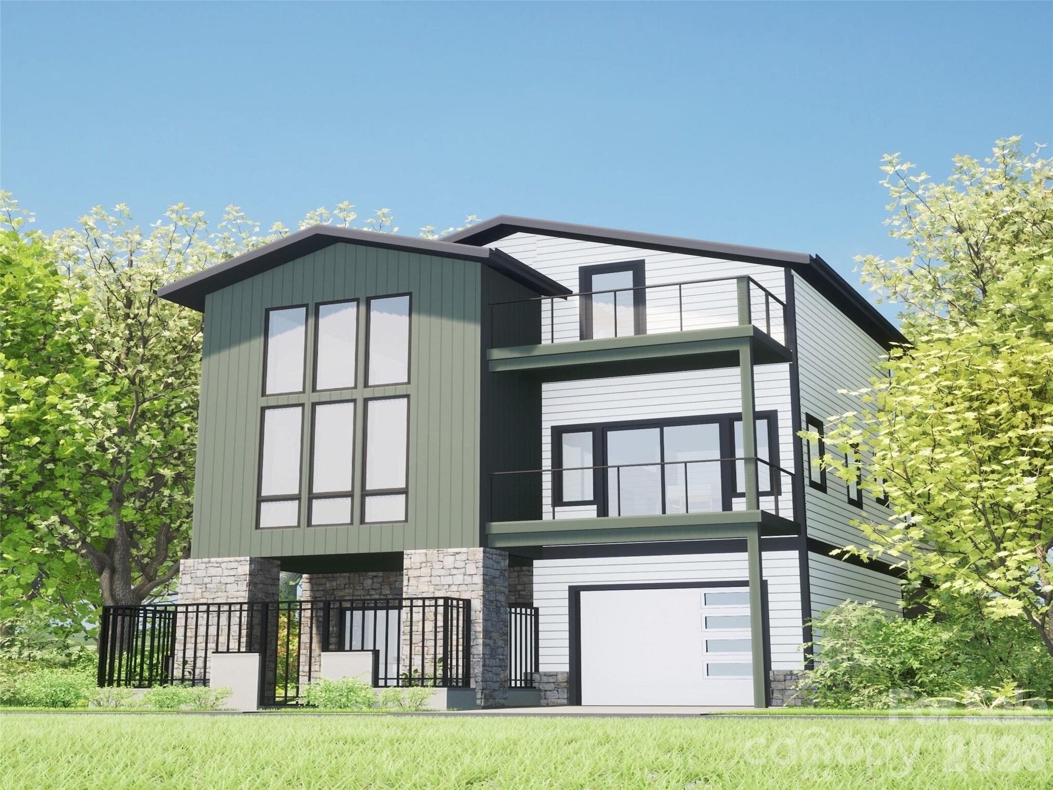 Architectural rendering of the proposed 1.5 Story + Basement Courtyard Villa for 48 Verde Drive. - Asheville