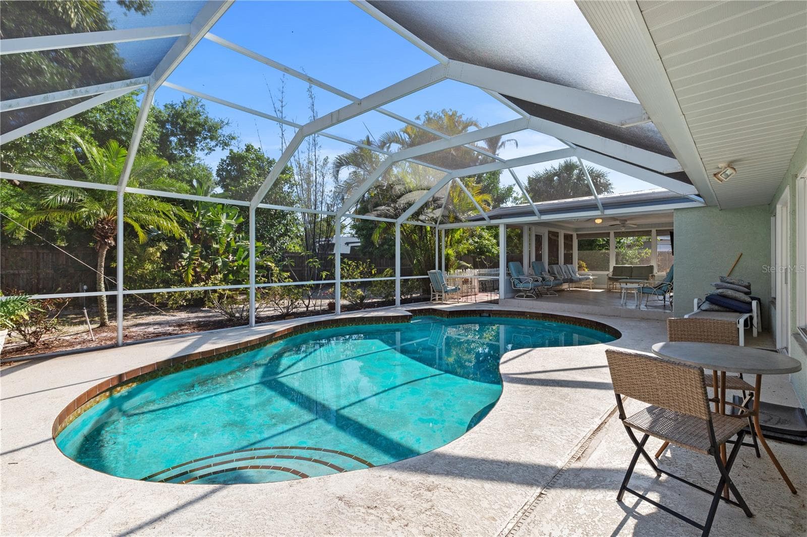 Screen Caged pool with patio and TV - 7860 HOLIDAY DR, SARASOTA