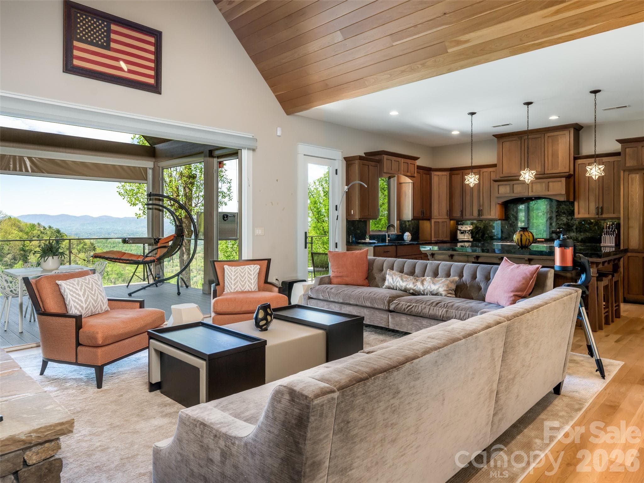 Great Room with accordion doors opens to upper deck - Asheville