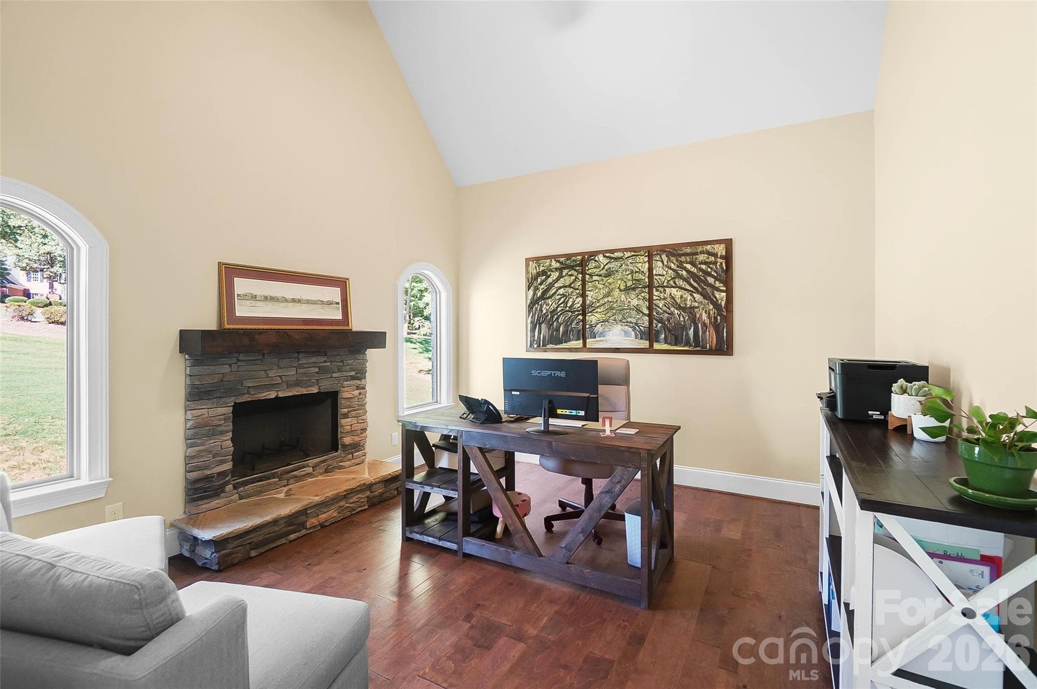 Private office with a stone fireplace - 3612 Lake Twitty Drive, Monroe