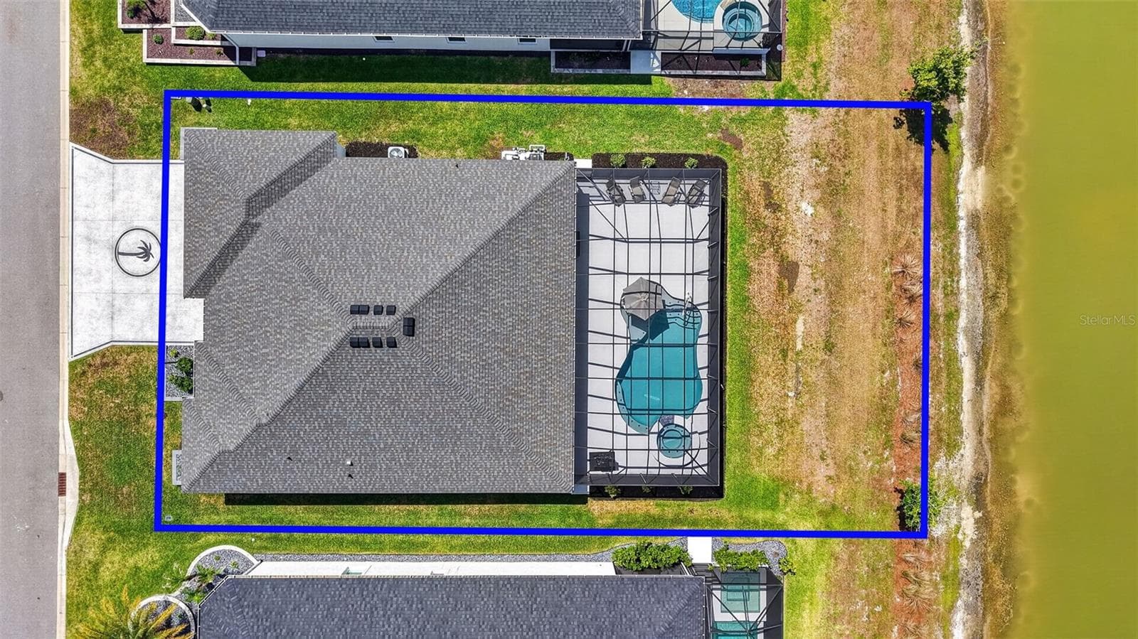 Aerial Side Elevation withProperty Lines, Swimming Pool, Spa, and Water Views - 6857 BAYSINGER PATH, THE VILLAGES