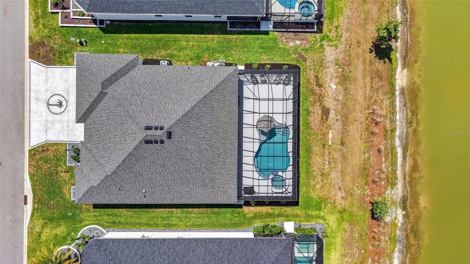 Aerial Side Elevation withProperty Lines, Swimming Pool, Spa, and Water Views - 6857 BAYSINGER PATH, THE VILLAGES