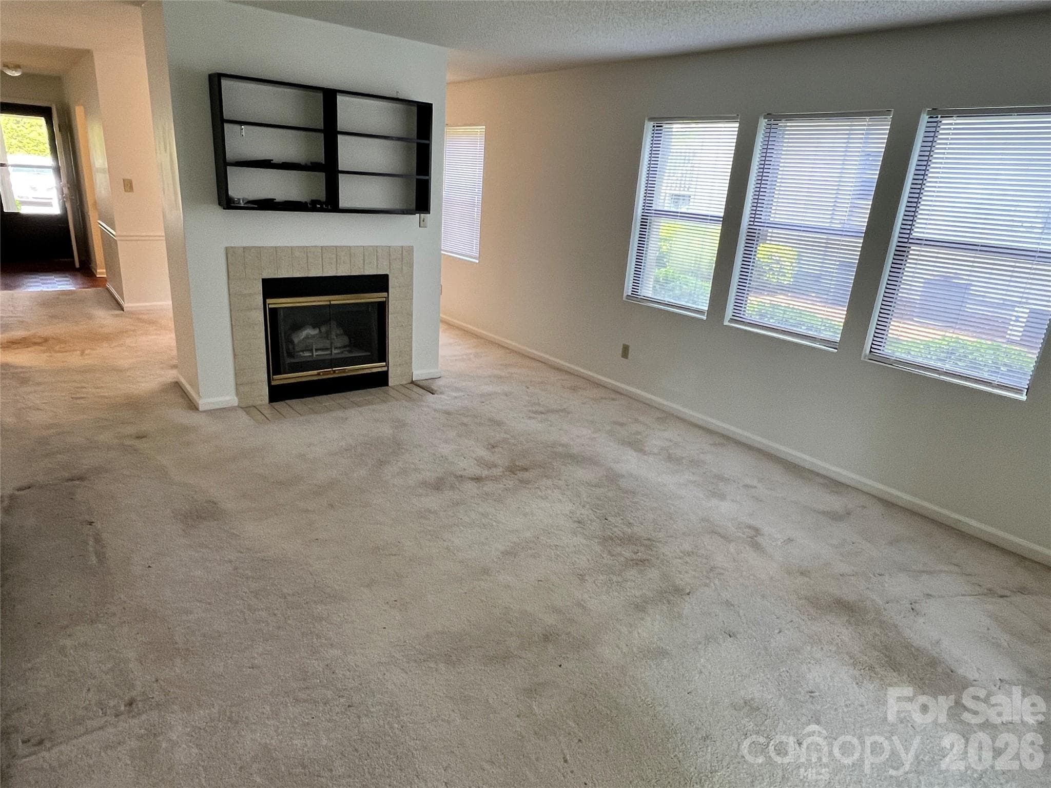 Gas logs in bright open living room. - Asheville