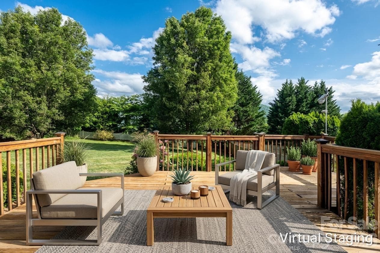 Large rear deck overlooking the level backyard, community green space and long-range mountain views; natural gas home, Fletcher NC. - Fletcher