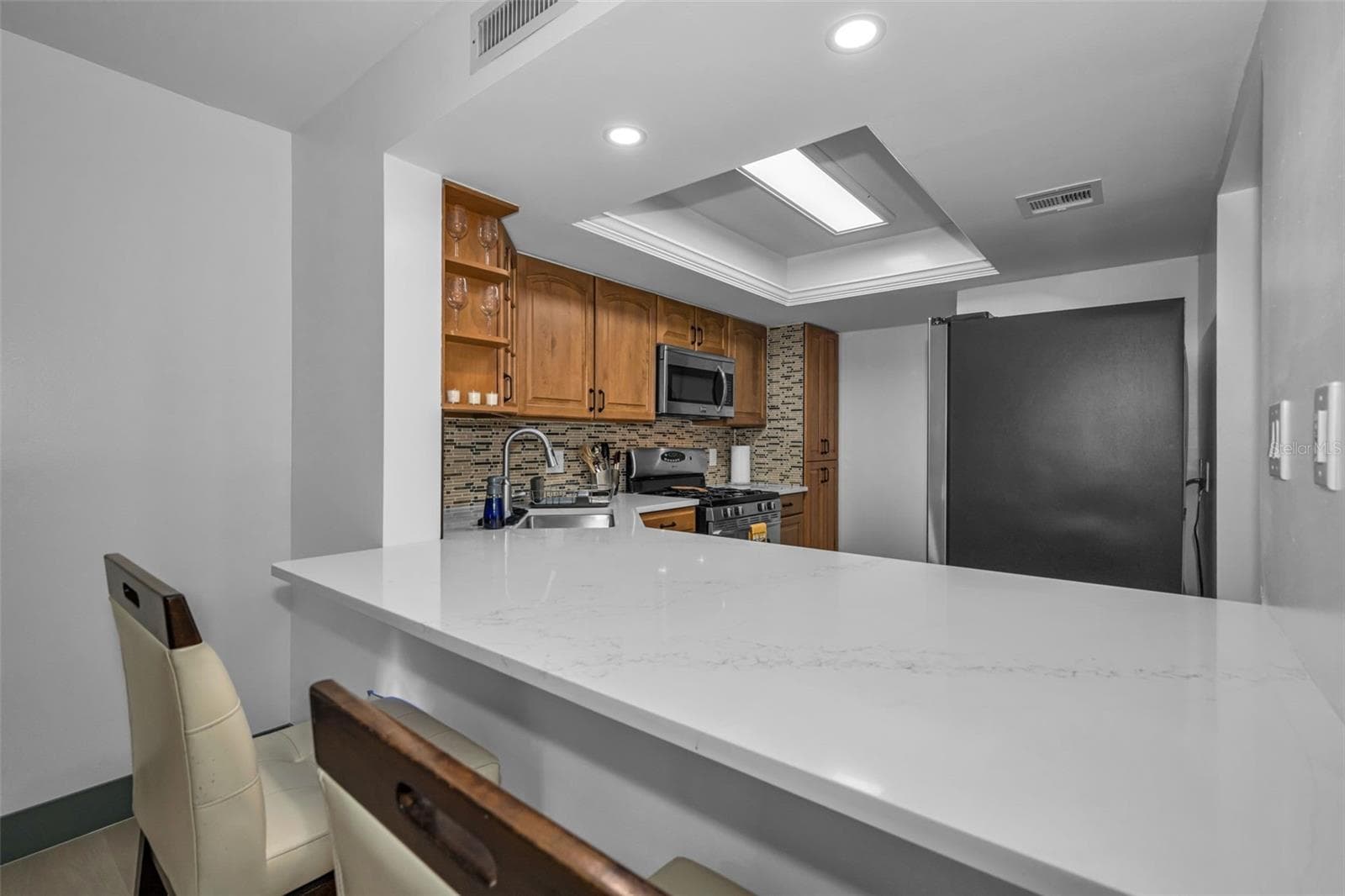 New Quartzite counters in the kitchen and overhead lighting. - 5400 PARK ST N #303, ST PETERSBURG