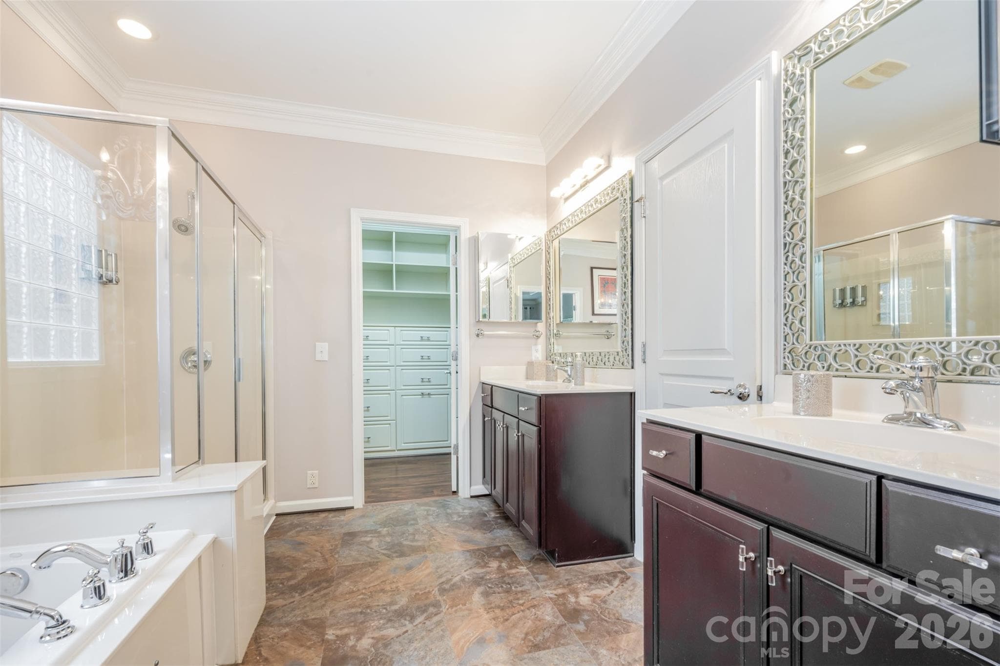 Primary bath with separate vanities - 43041 Mimosa Court, Fort Mill
