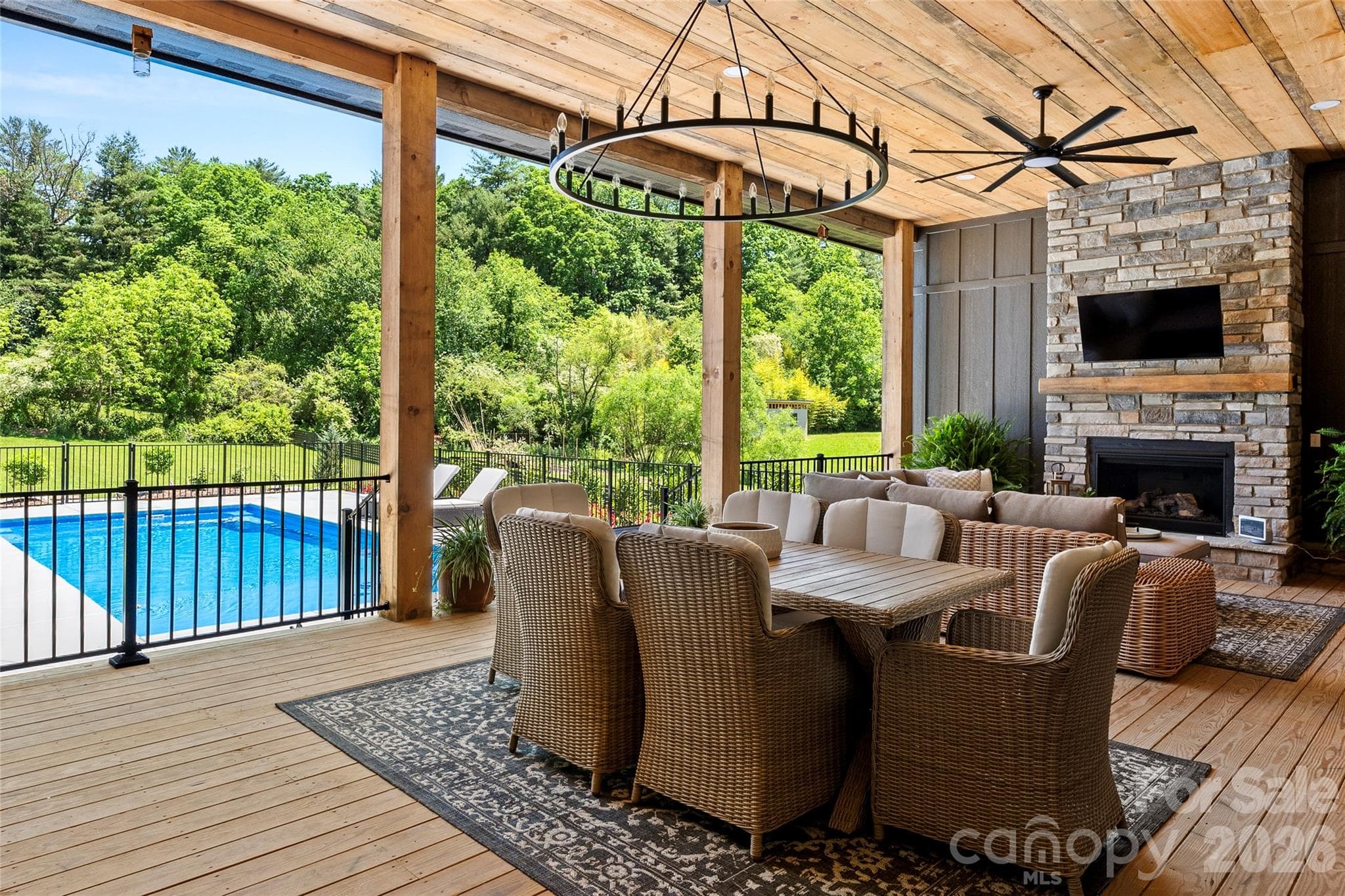 Covered outdoor living and resort-style pool create an unforgettable setting for entertaining. - Horse Shoe
