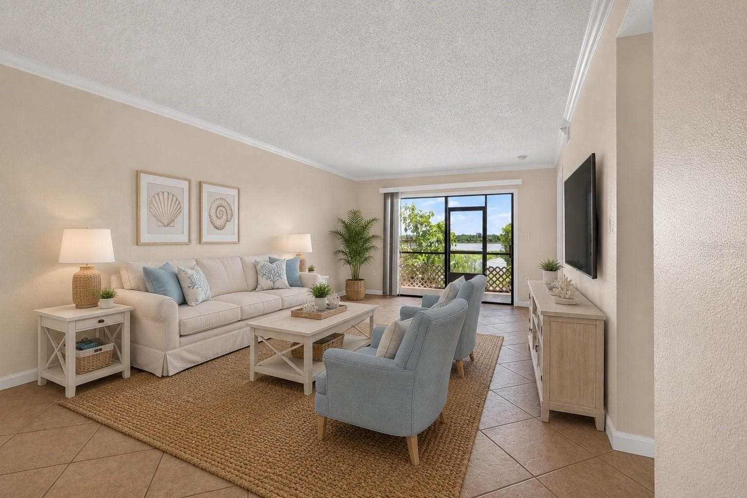 Virtually staged living room. - 10125 SAILWINDS BLVD N #104, LARGO