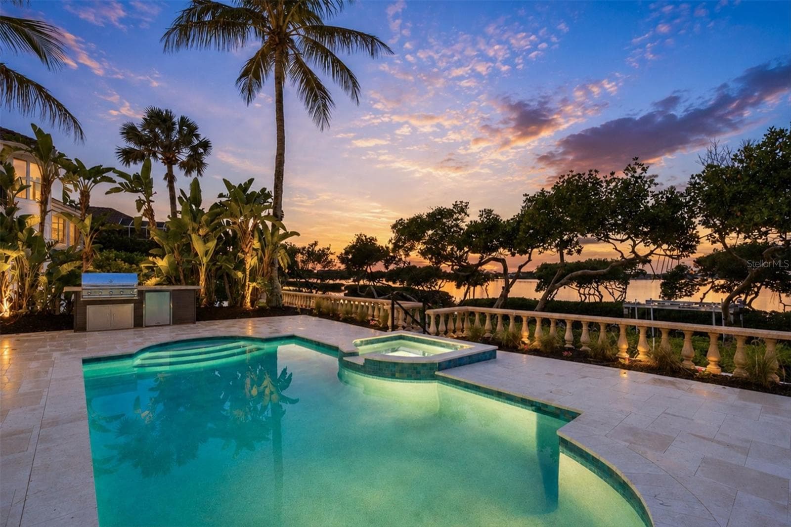 Pool and Water View at Sunset - 3606 FAIR OAKS PL, LONGBOAT KEY