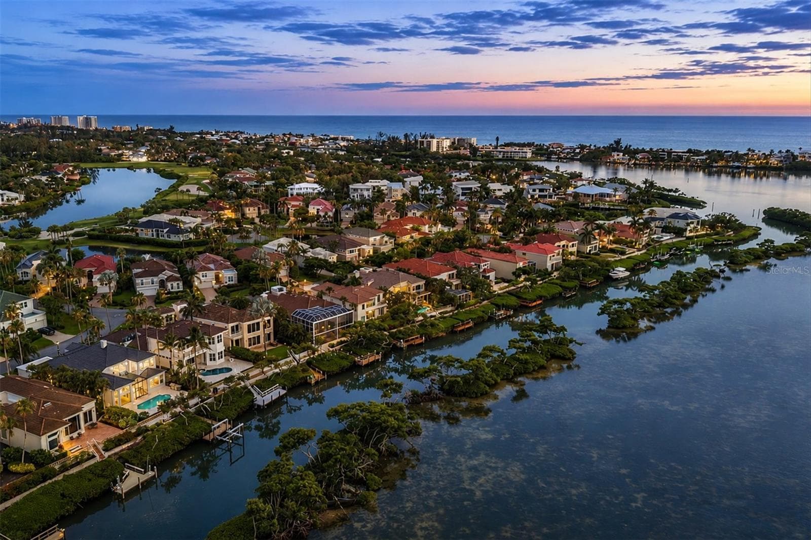 Aerial View Waterside at Sunset - 3606 FAIR OAKS PL, LONGBOAT KEY