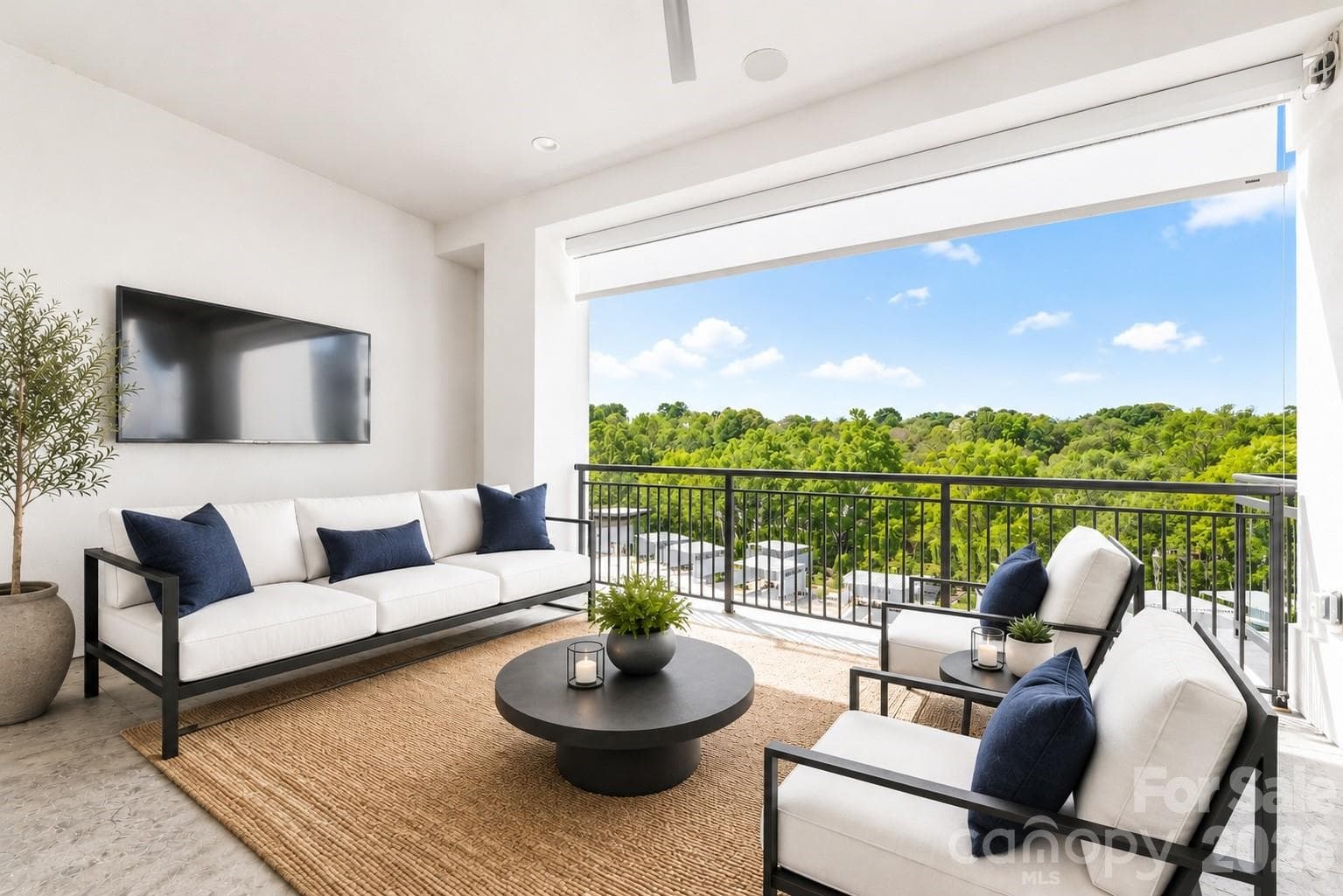 Virtually Staged lanai with electronic shades  and ceiling fan - Cornelius