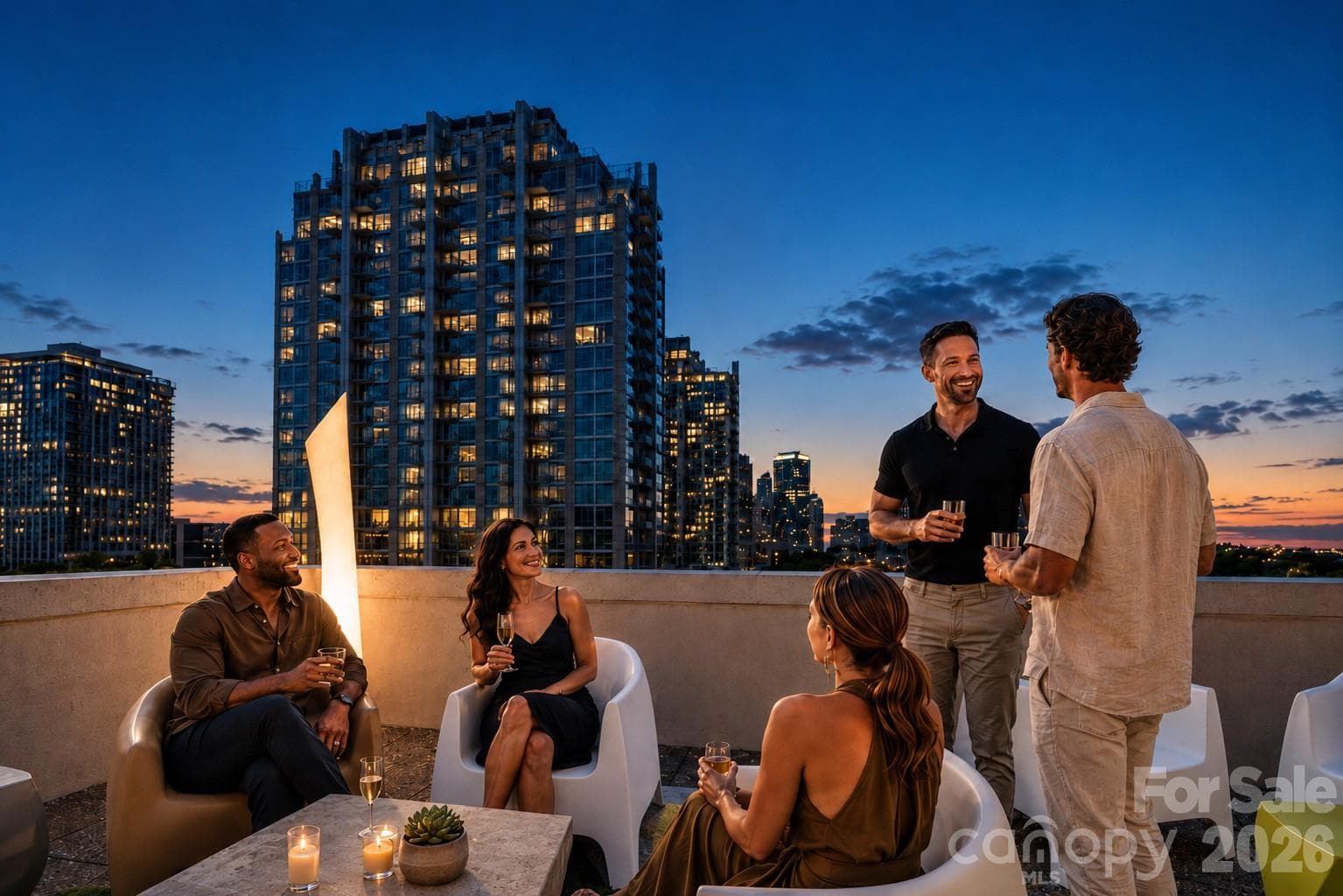 Rooftop Entertainment Lounge/Skyline Views. AI generated. - Charlotte