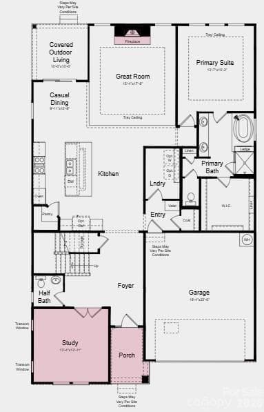 First Floor Plan - Additional Highlights Include: fireplace, study, tray ceiling at great room and primary suite, blinds, gourmet kitchen, tankless gas water heater and Revwood flooring - Charlotte