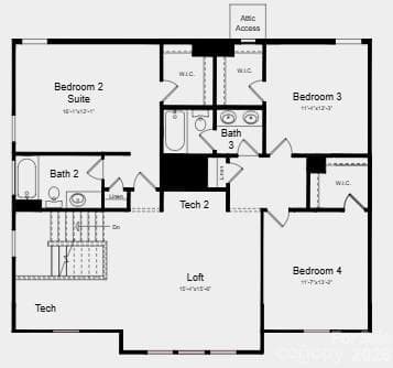 Second Floor Plan - Additional Highlights Include: fireplace, study, tray ceiling at great room and primary suite, blinds, gourmet kitchen, tankless gas water heater and Revwood flooring - Charlotte