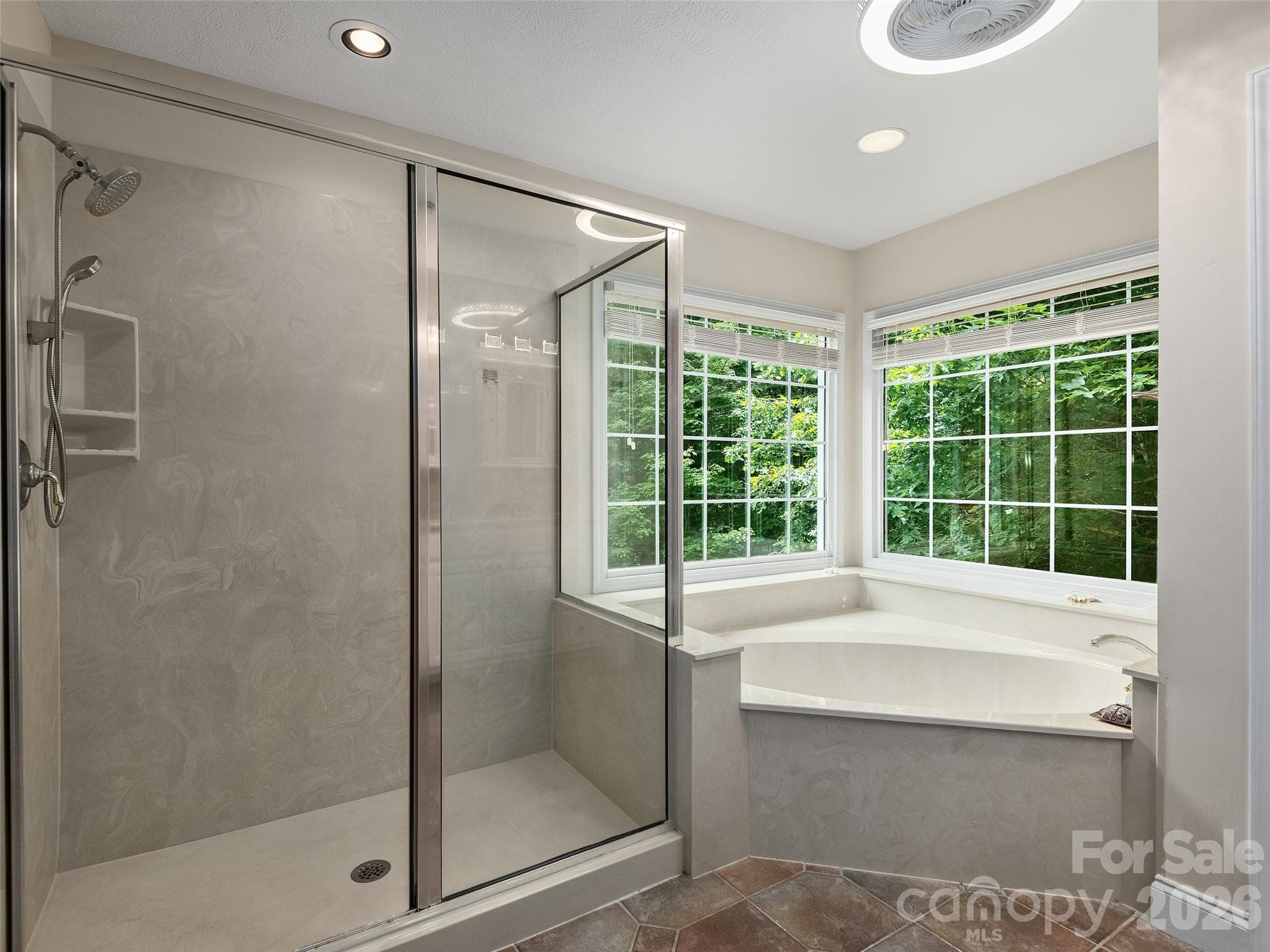 Primary bath with walk in shower & soaking tub - 48 Smokemont Drive, Arden