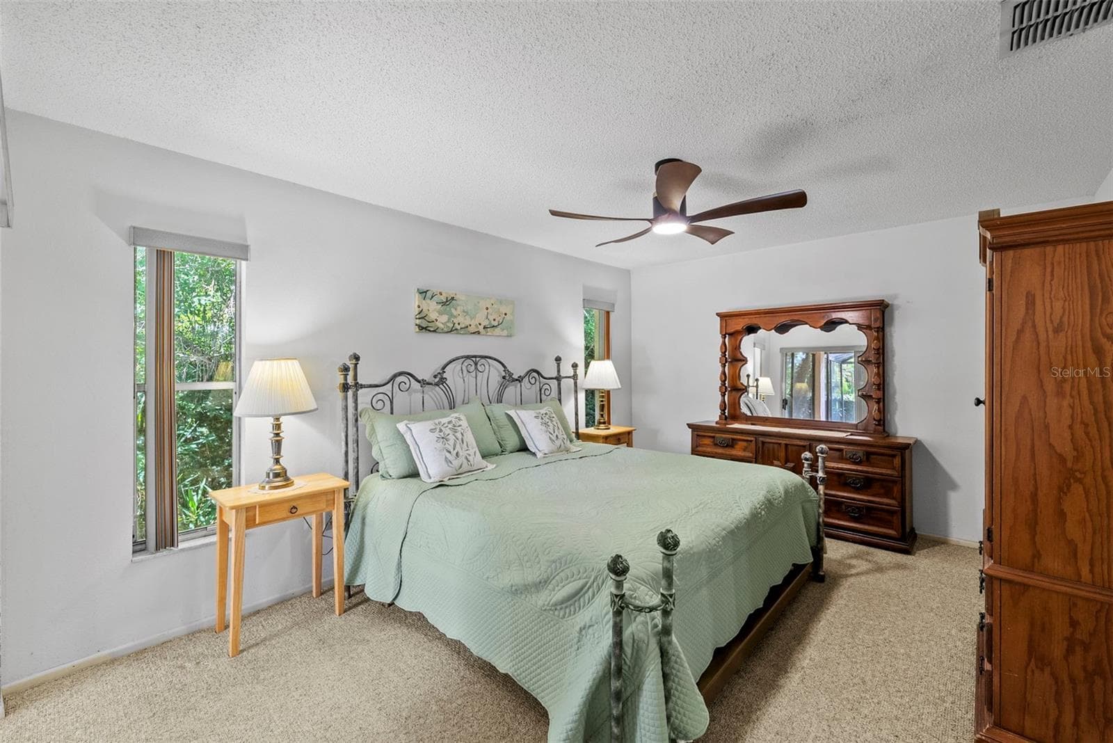Large Primary bedroom with peaceful backyard views and new ceiling fan. - 8601 TWIN FARMS PL, TAMPA
