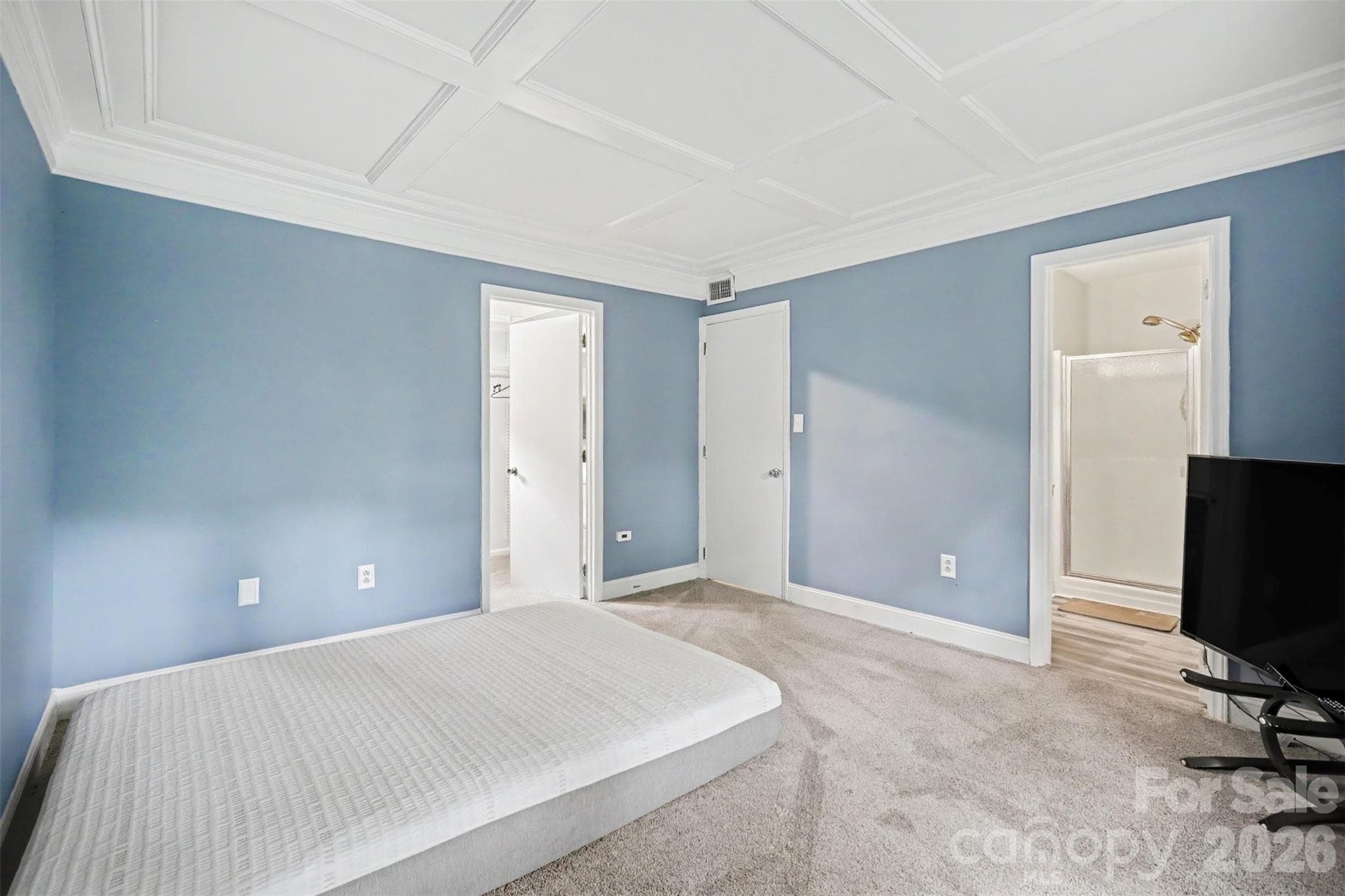 Primary Bedroom with Elegant Coffered Ceiling - 8644 Kirchenbaum Drive, Charlotte