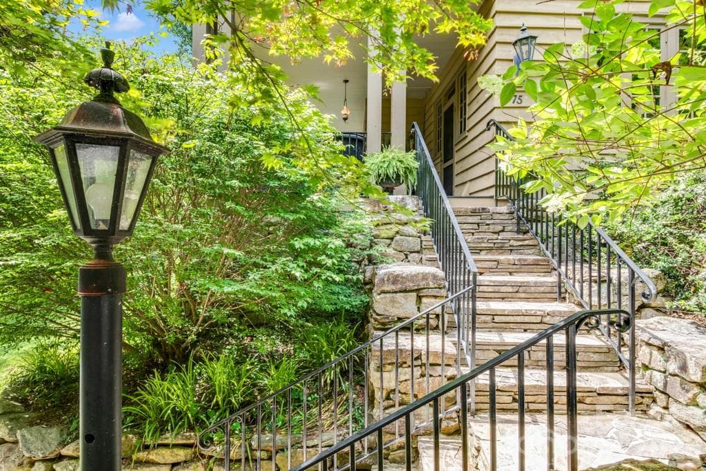 Stone Stairs leading to expansive front porch and front door - 75 Charles Street, Saluda