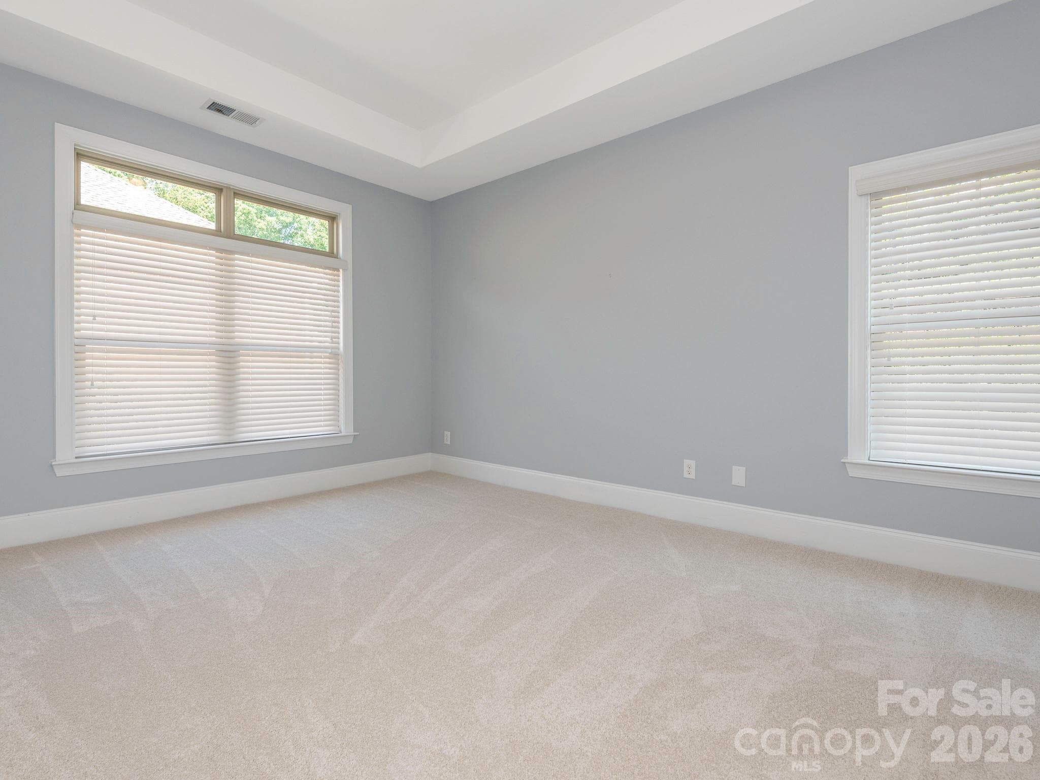 Primary bedroom has tray ceiling and brand new carpet. - 4534 Ideal Way, Harrisburg