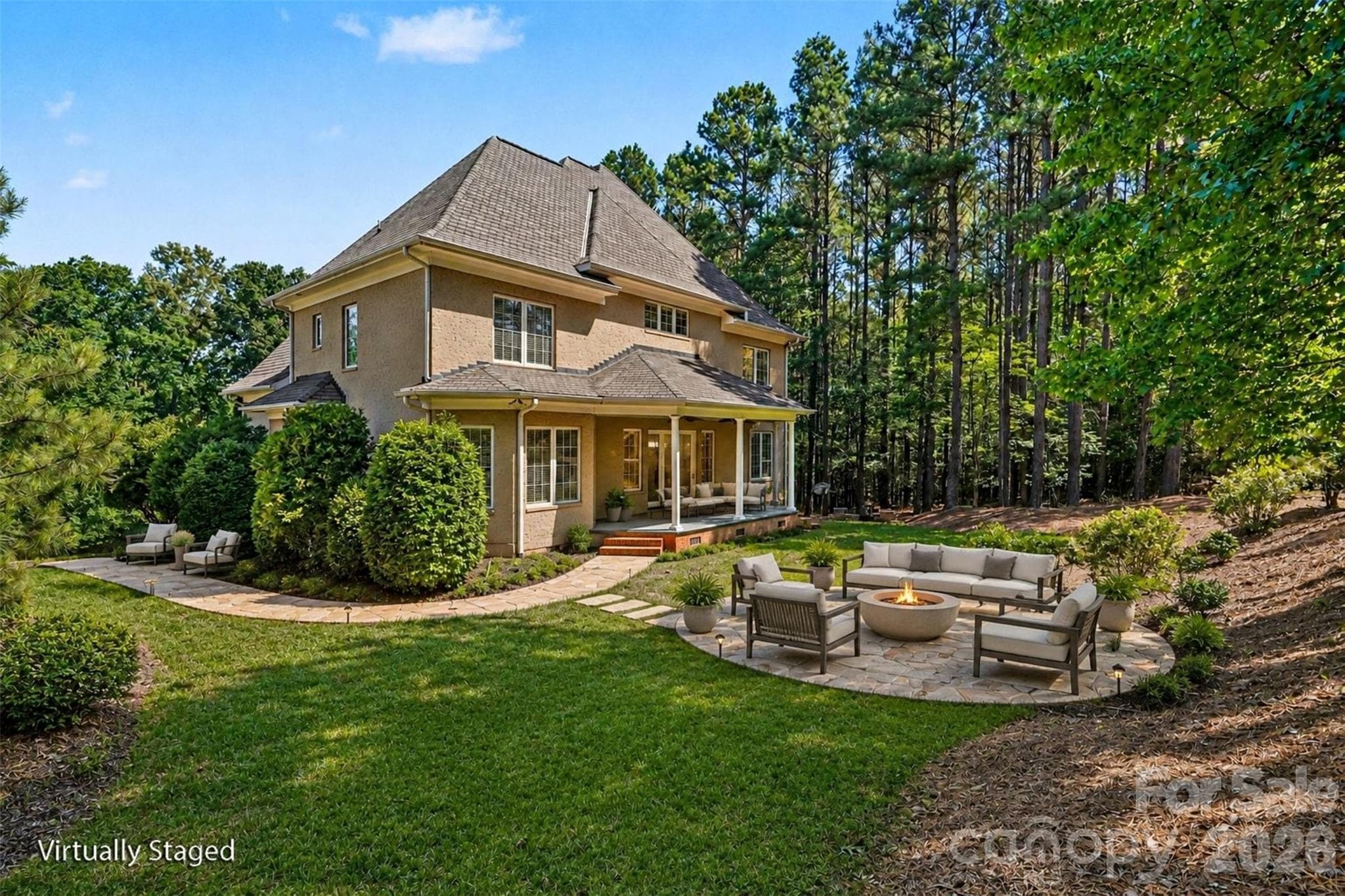 Backyard view with digitally staged fireplace - Belmont