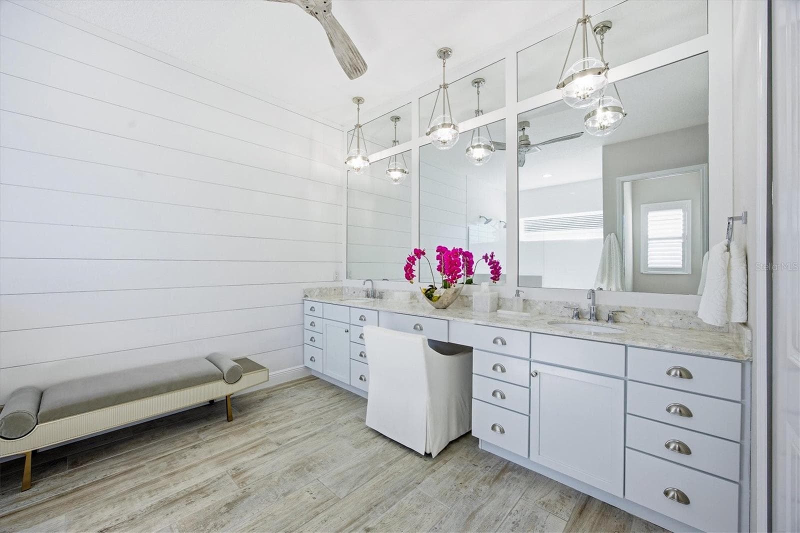 Primary Suite Bathroom has Dual Sinks, Quartz Countertops, Make-up Vanity and Shiplap - 3467 COMPOUND CT, SARASOTA