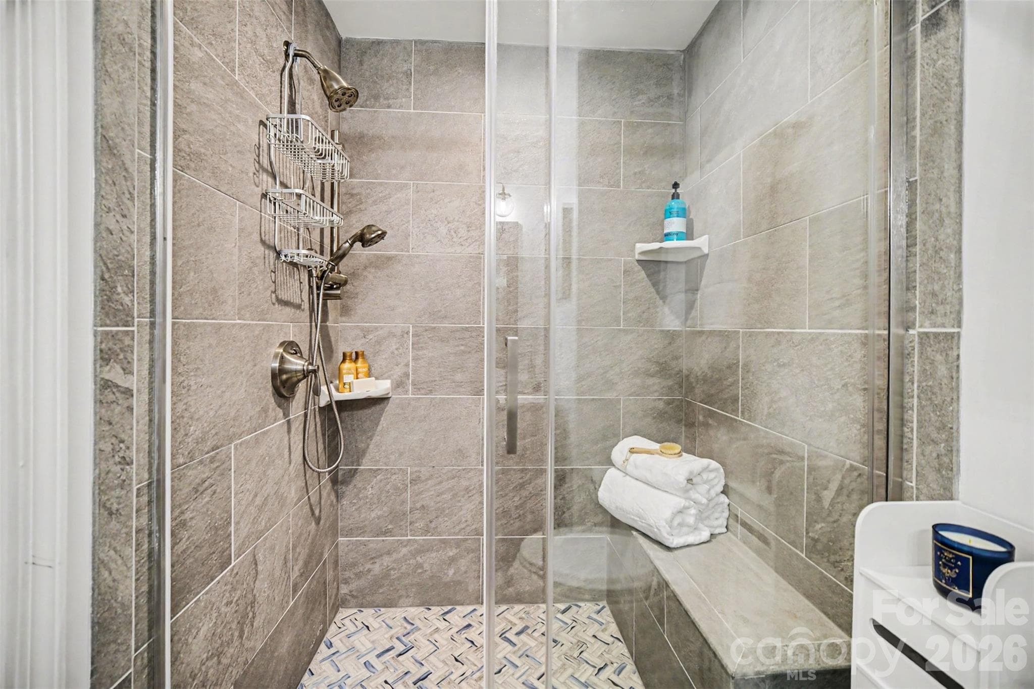 Remodeled Tiled shower with semi frameless glass door - 9725 Mattforest Circle, Charlotte