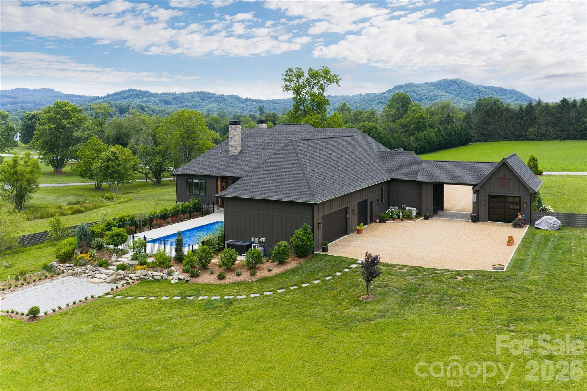 Set on private acreage, the property captures sweeping Blue Ridge Mountain views and exceptional privacy. - Horse Shoe