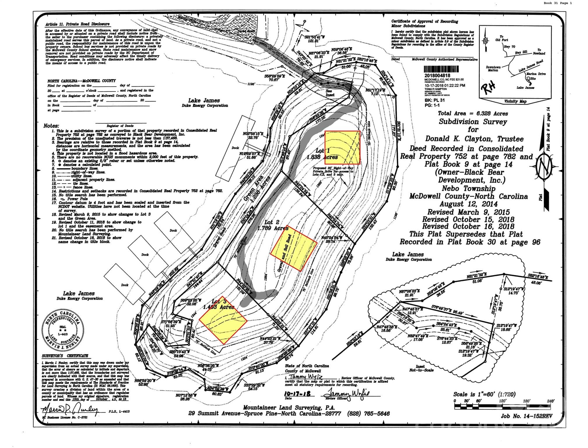 Plat map with artist rendering of suggested building sites and approximate location of access road. - Nebo