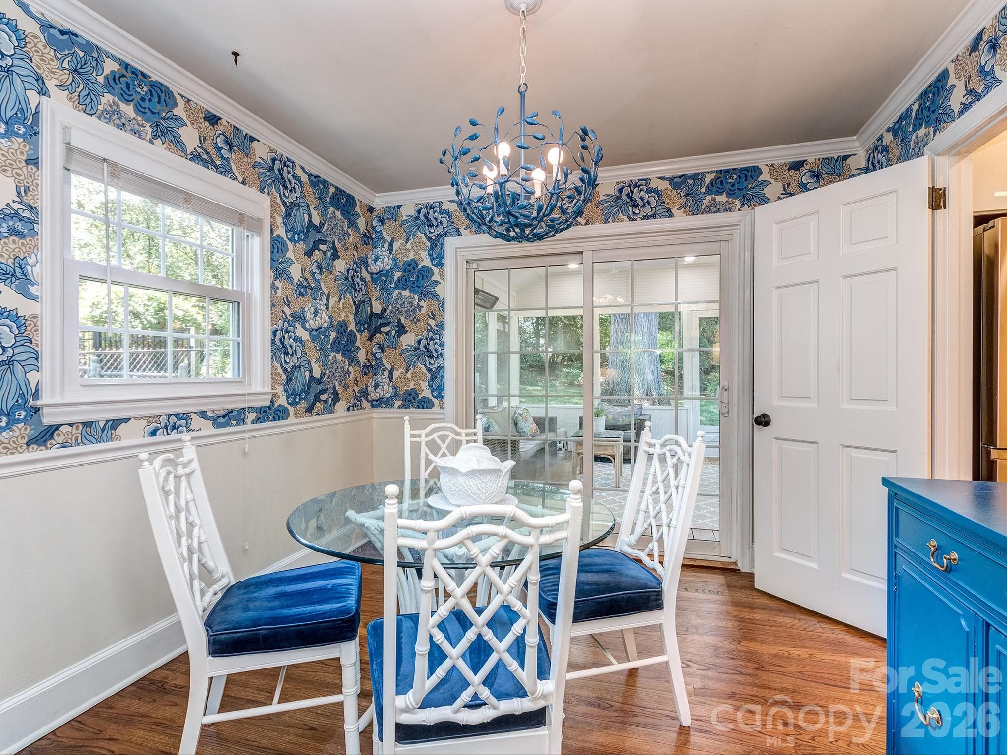 Dining Room with Thibaut wallpaper, Custom Stray Dog Designs light fixture - Charlotte