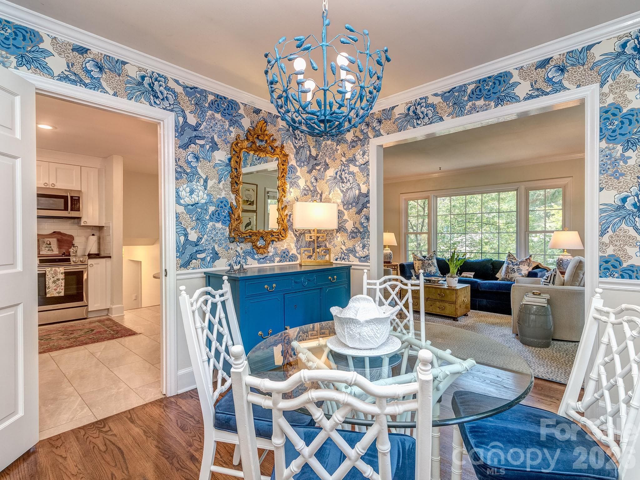 Dining Room with Thibaut wallpaper, Custom Stray Dog Designs light fixture - Charlotte