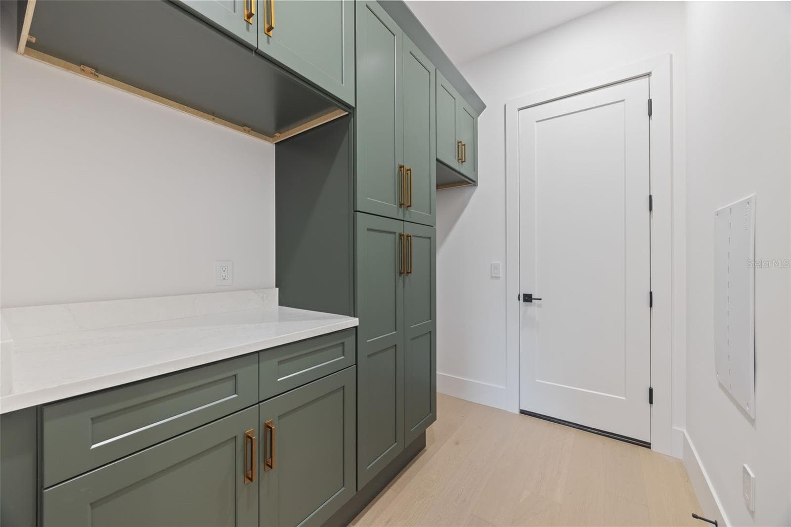 Designed with both beauty and functionality in mind, the laundry room offers elegant Shaker Ivy cabinetry, abundant storage with tall cabinets, stackable washer and dryer hookups, and a pre-plumbed sink base cabinet. - 1336 HAYS RD, TARPON SPRINGS
