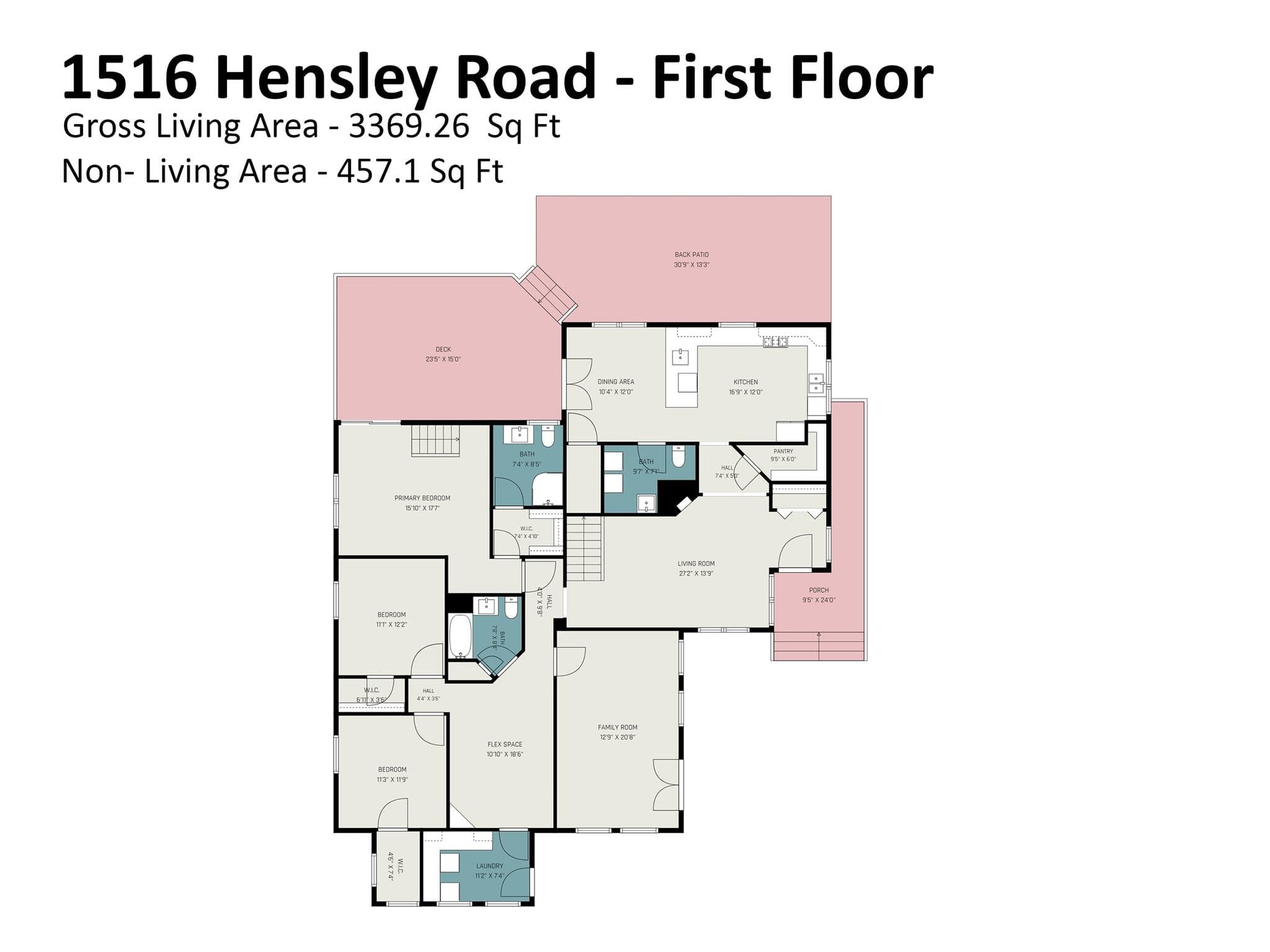 First floor — 2,323 sq ft. Primary suite, two bedrooms, living room, family room, flex space, kitchen, dining, two laundry rooms, guest bath, covered porch. - Fort Mill