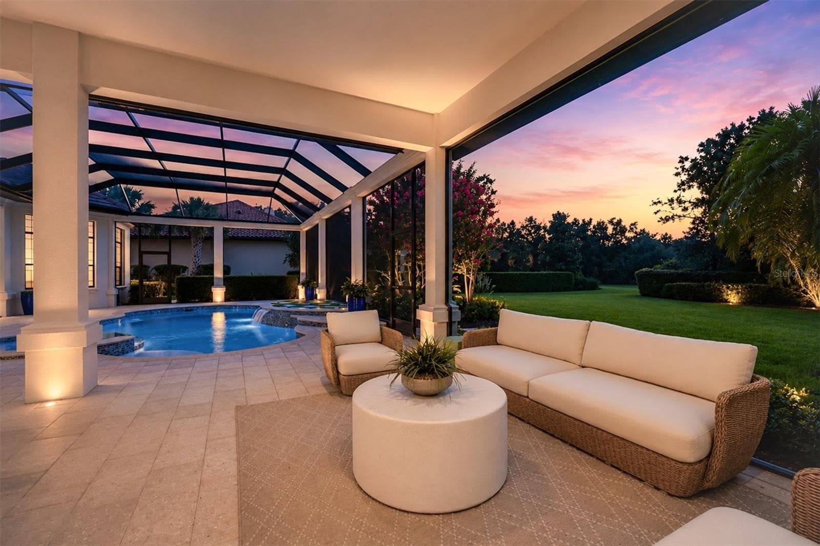 Lanai Sitting Area at Twilight - 9261 MCDANIEL LN, SARASOTA