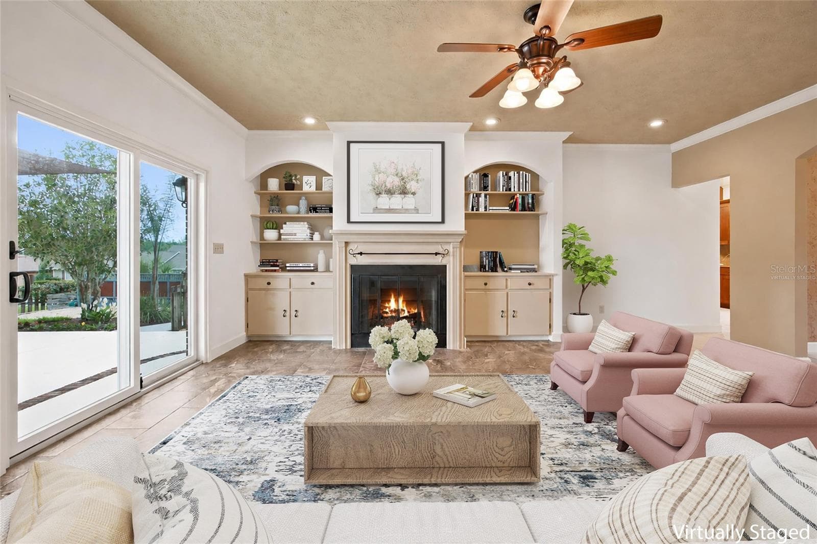 Virtually Staged Living Room with Wood Burning Fireplace - 3220 SE 21ST AVE, OCALA