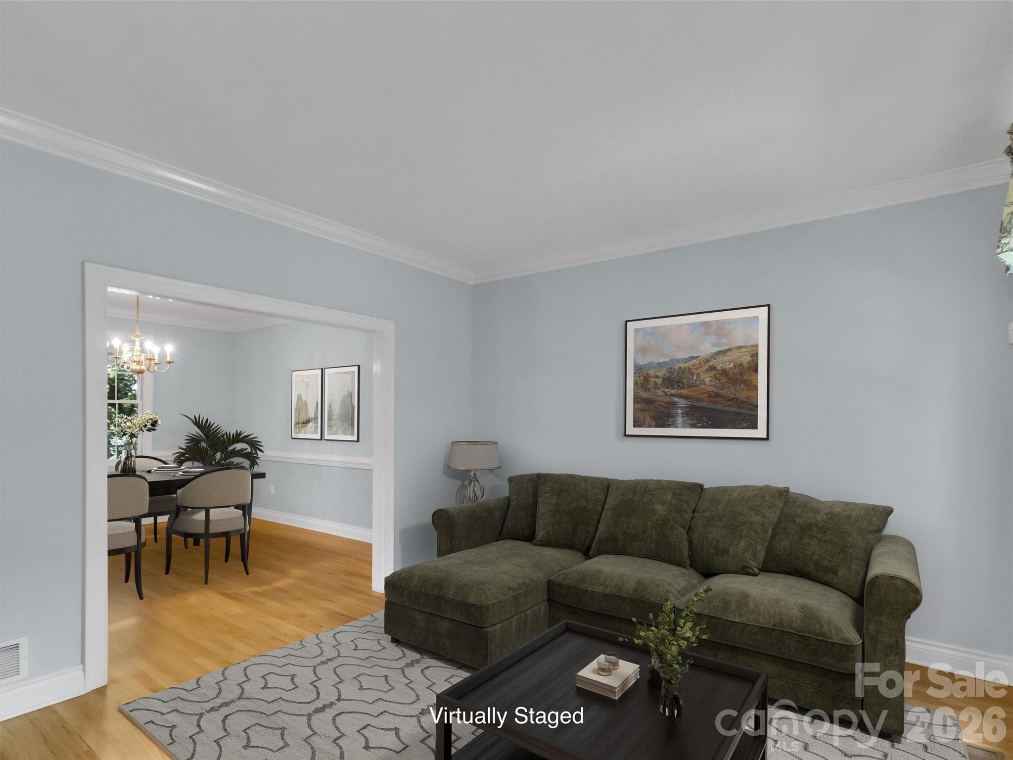 Virtually staged sitting room looking into dining room - 9 Hickory Ridge, Fletcher