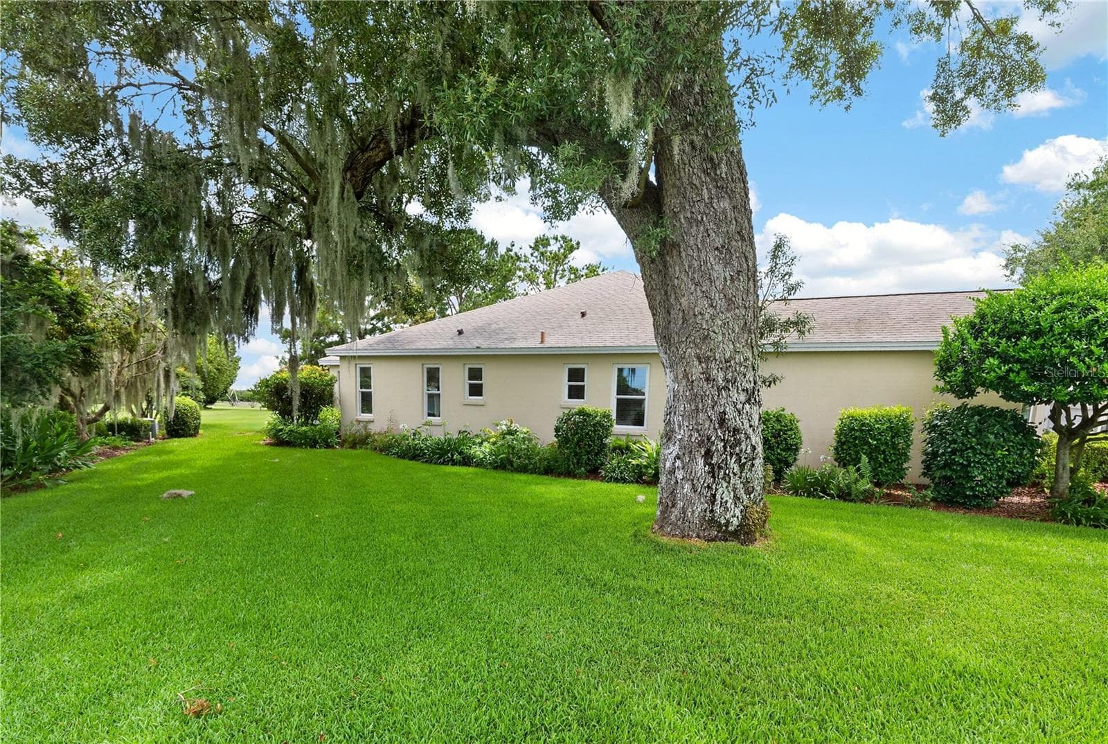 Side yard view featuring mature shade trees, manicured grass, and a serene garden-like setting. - 16815 SE 85TH BELKNAP AVE, THE VILLAGES