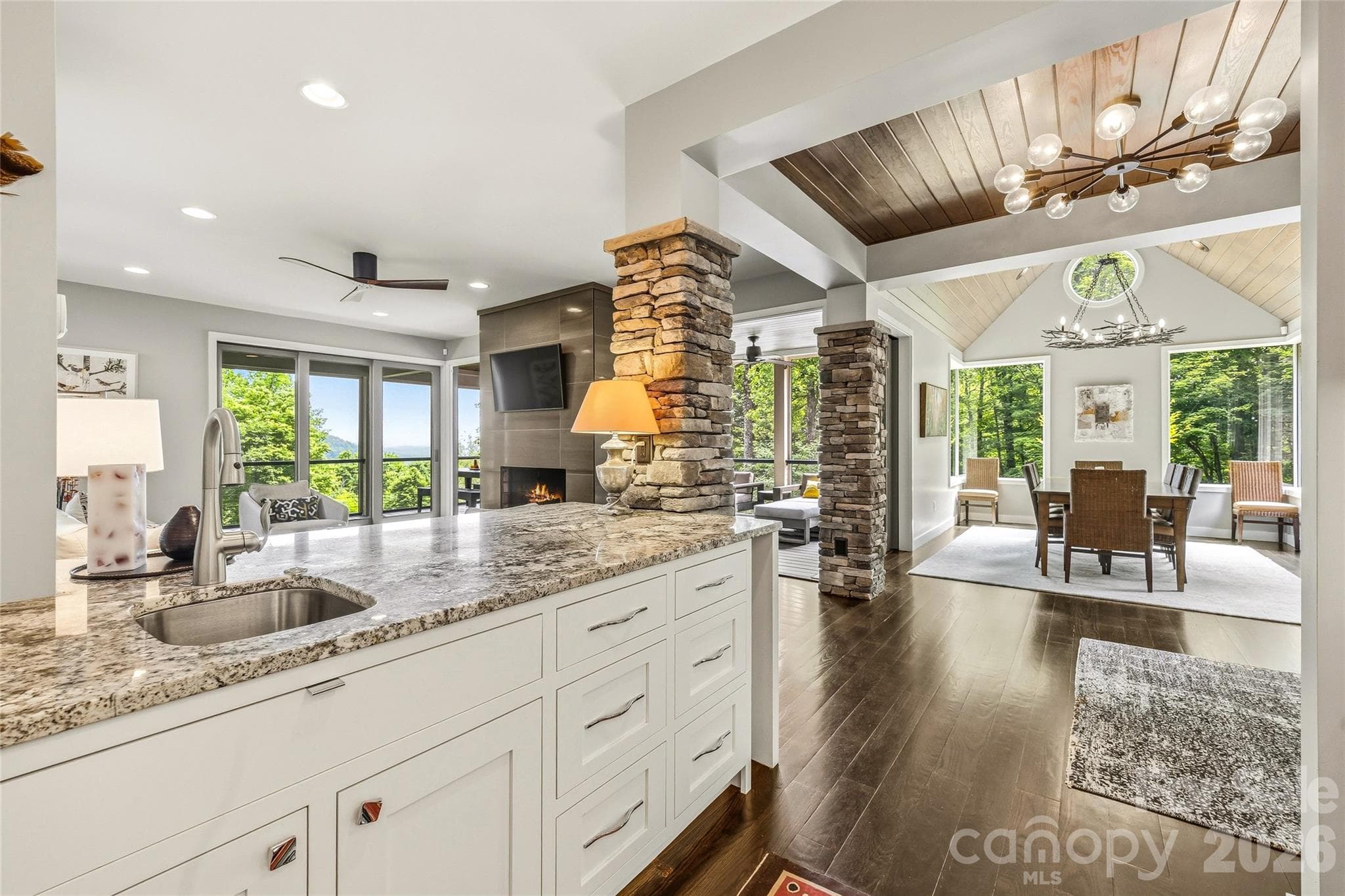 Kitchen and main level living room and dining room - 233 Tanglewood Lane, Saluda