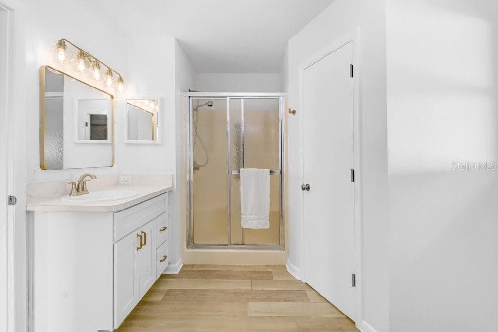 Primary Bathroom with step in shower. New vanity, lighting and mirror,new toilet with privacy to the right, large walk in closet to the rear and entrance from the bedroom to the left. - 4949 PLEASANT HOLLOW TRL #211, LAKELAND