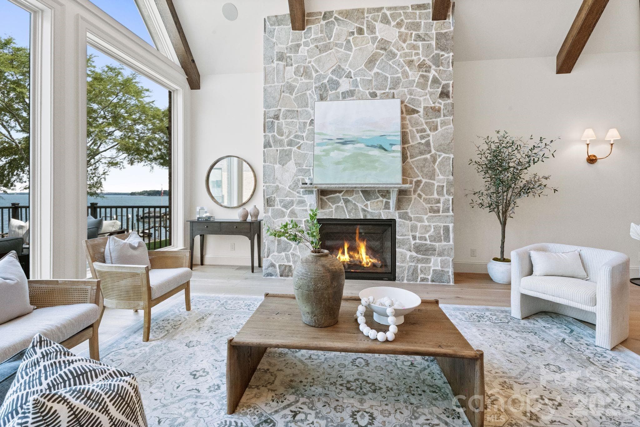 Stone fireplace and beamed vaulted ceilings - 2494 Primm Road, Denver