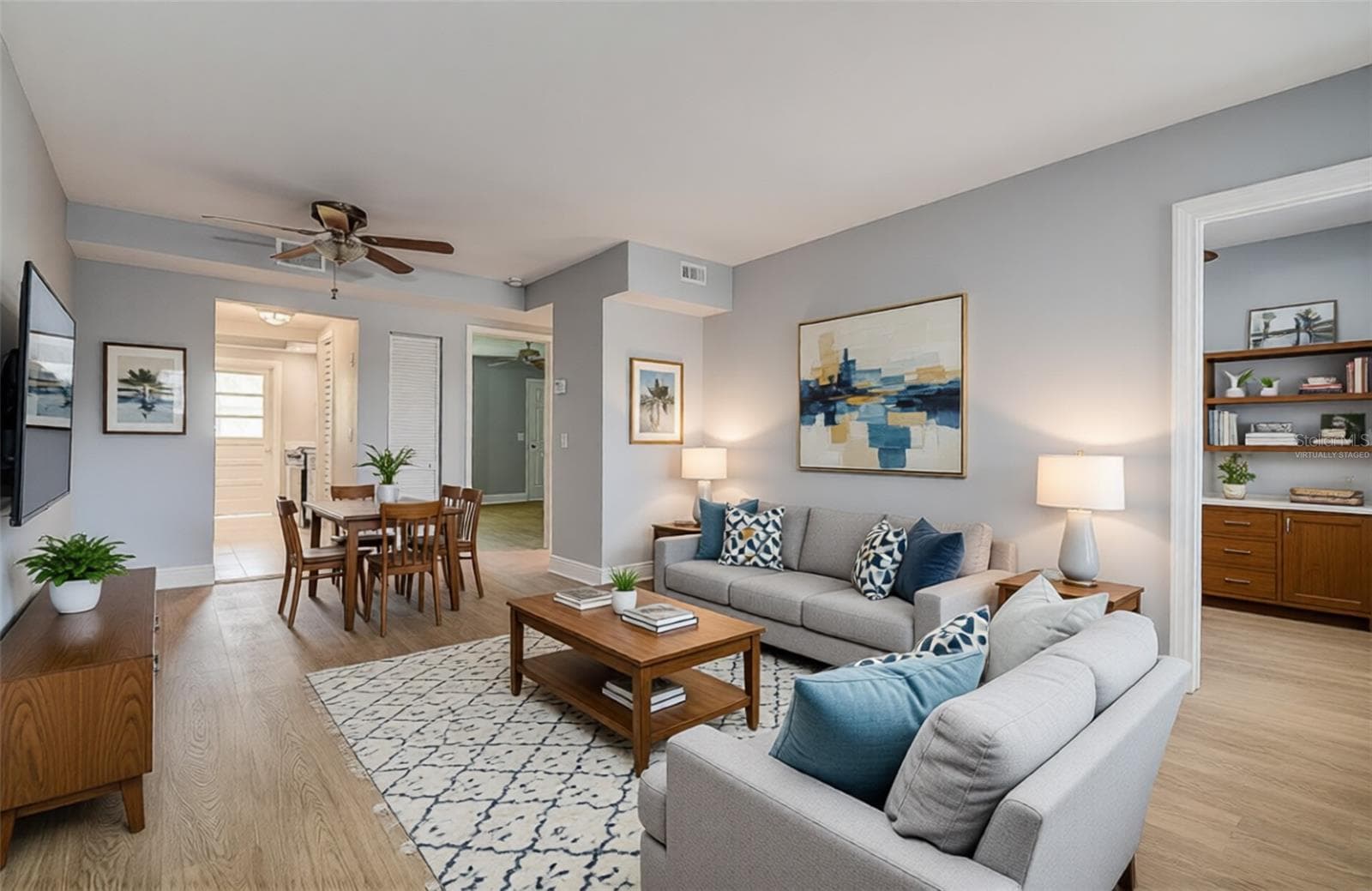 Virtually Staged Living Room/Dining Area - 1819 SHORE DR S #110, SOUTH PASADENA