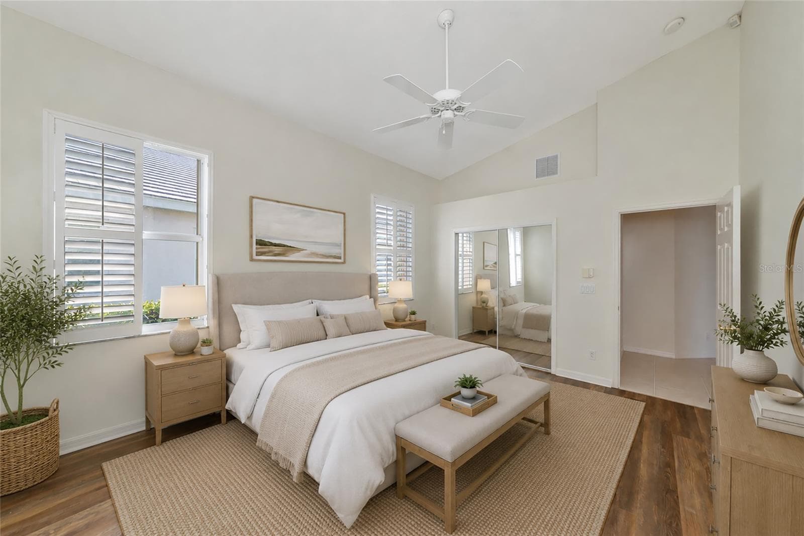Staged. Primary suite w/ cathedral ceiling. - 5133 FLAGSTONE DR, SARASOTA