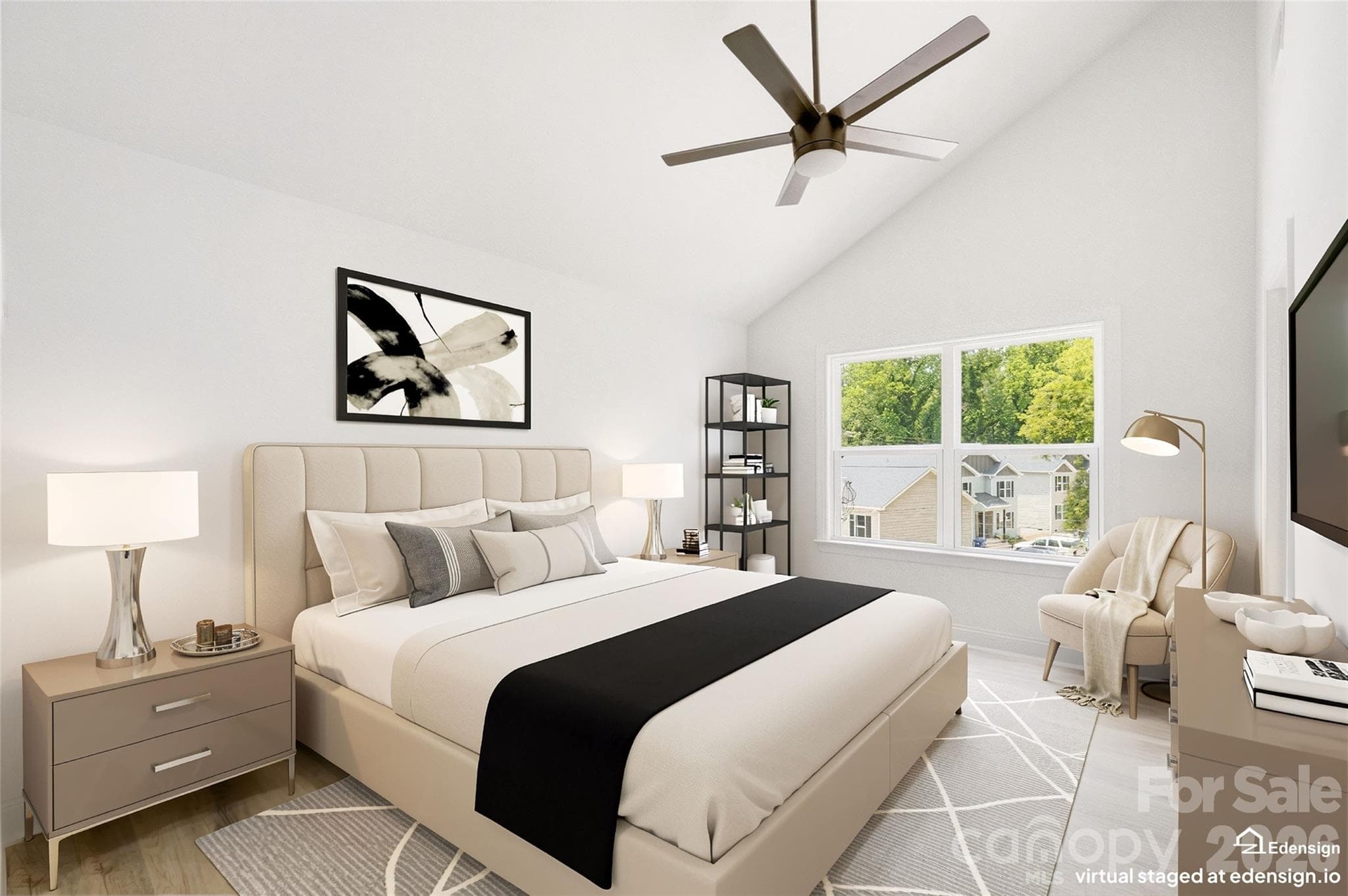 Virtually Staged Primary Bedroom with Vaulted Ceilings - 116 7th Avenue SE, Hickory
