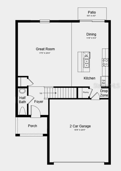 First Floor Plan - Additional Highlights Include: GE refrigerator, laundry appliance package, extended LVP flooring on the 1st floor, and window blinds throughout the whole house - 9308 CHISWELL TRL, PALMETTO