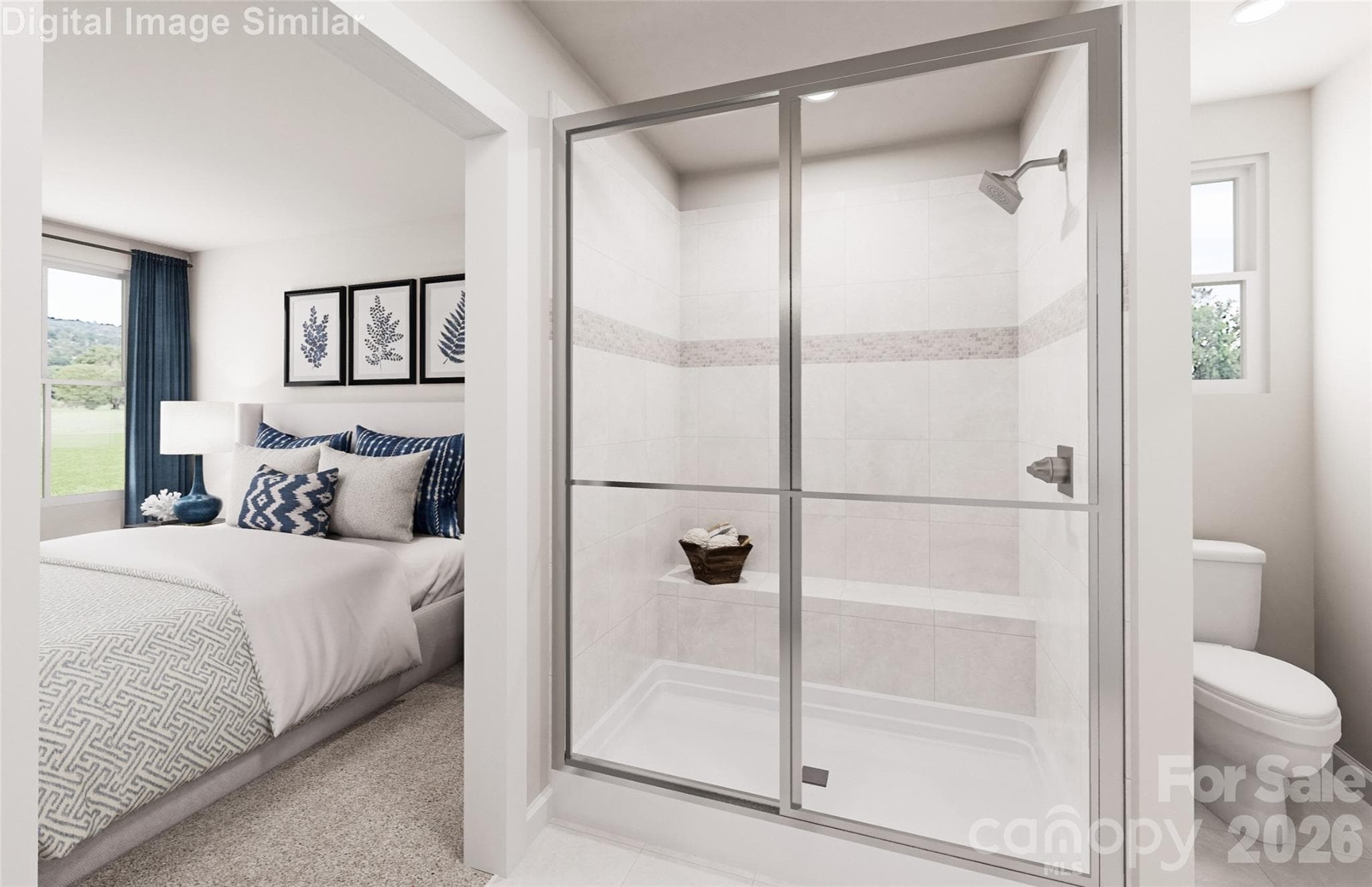 Rest easy in a primary suite designed for comfort, with a beautiful ensuite bath featuring a framed shower and convenient shower seat. - 204 Linwood Estates Drive, Lexington